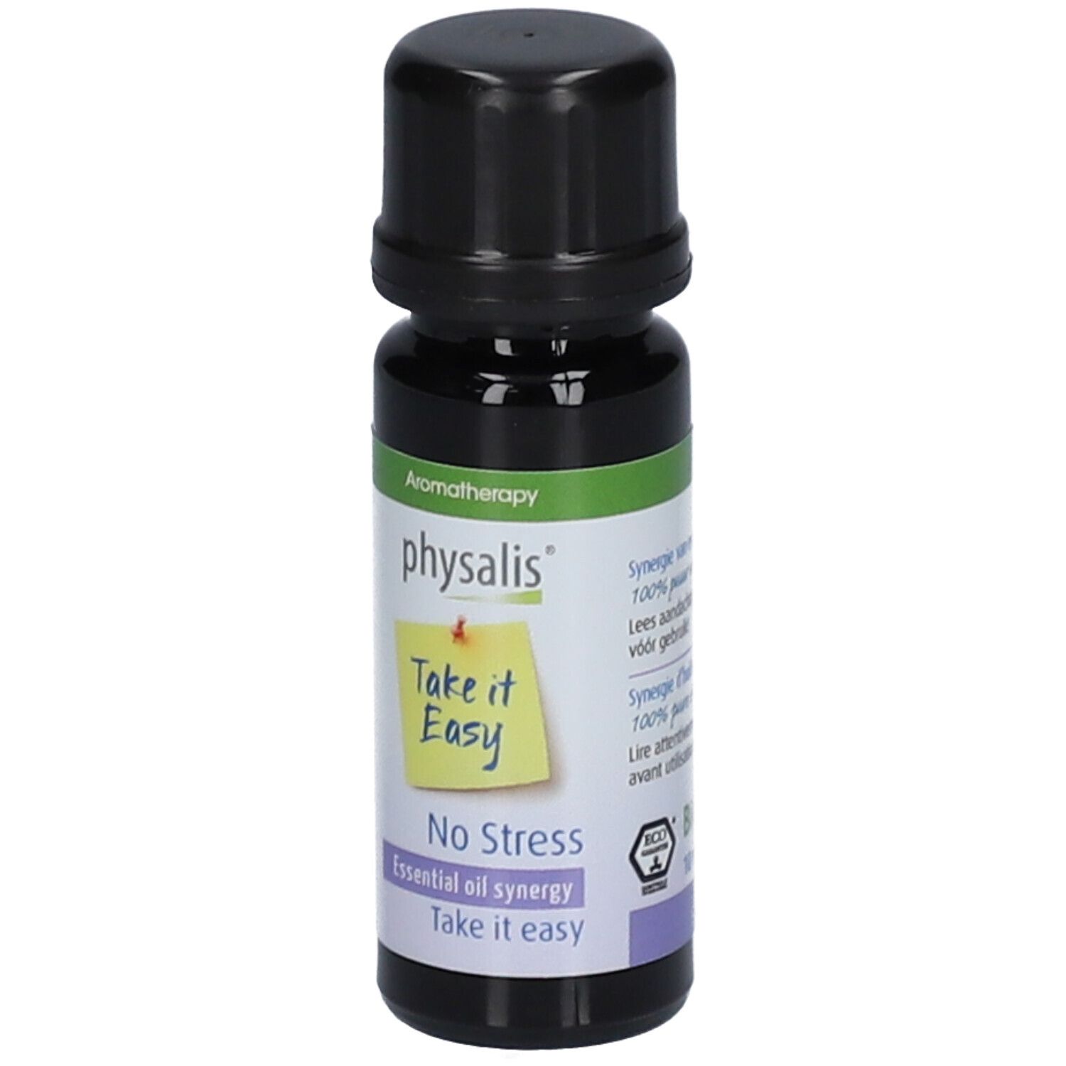 Dunkle Glasflasche mit schwarzem Deckel. Etikett mit 'physalis', 'Take it Easy' und 'No Stress'.