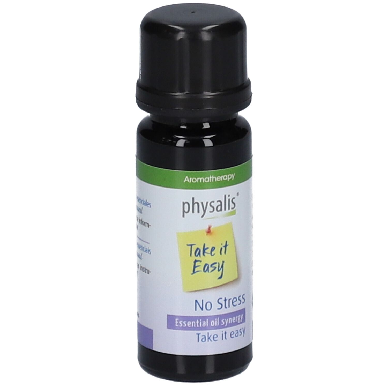Dunkle Glasflasche mit schwarzem Deckel. Etikett mit 'physalis', 'Take it Easy' und 'No Stress'.
