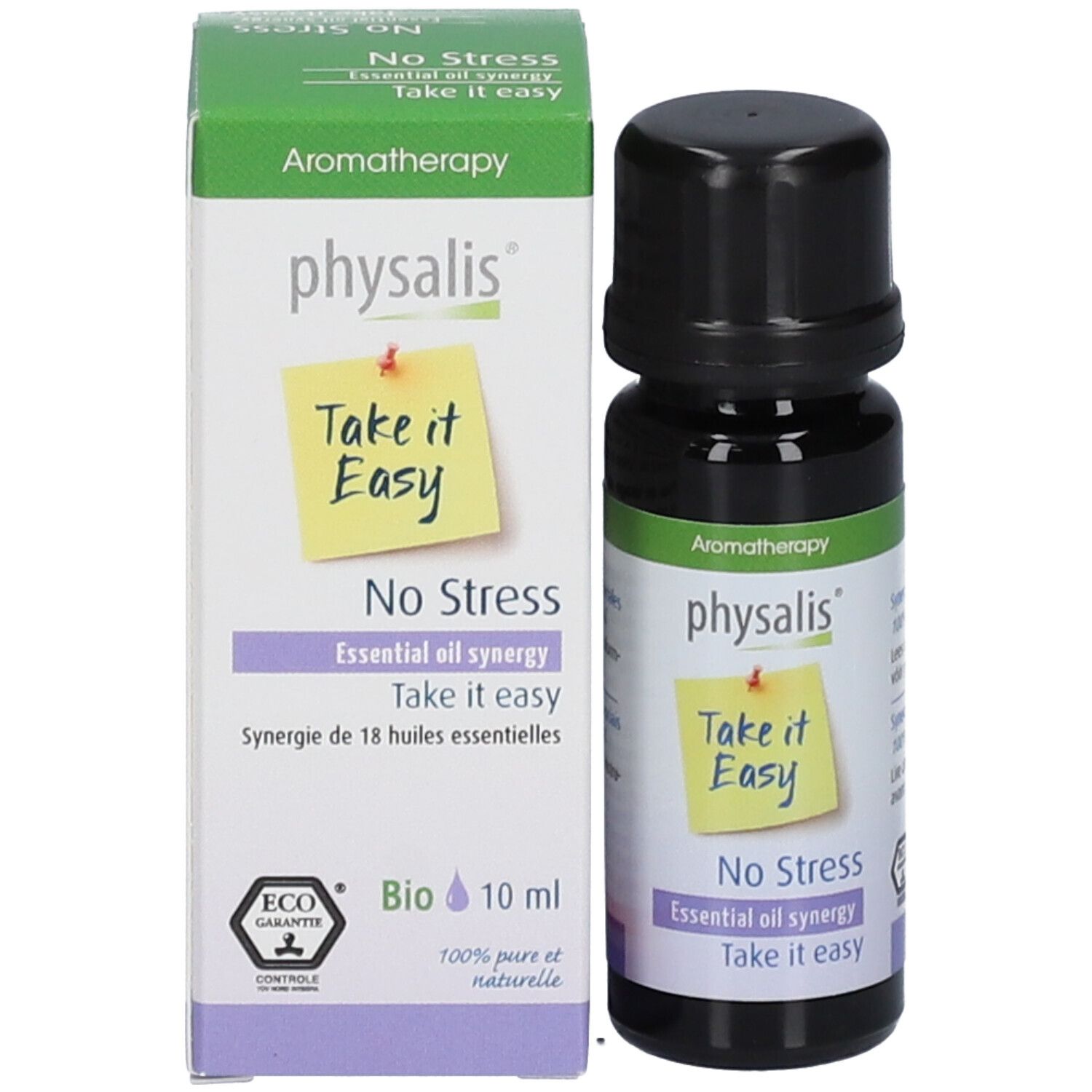 Produktflasche mit Verpackung. Verpackung mit 'physalis', 'Take it Easy' und 'No Stress'.
