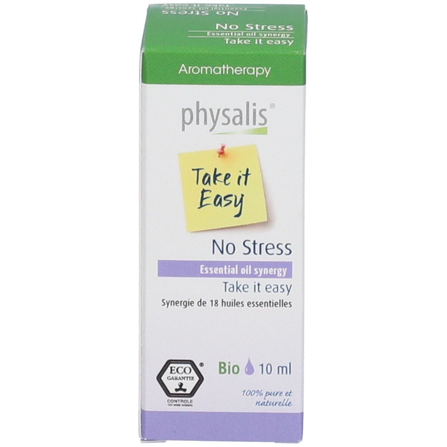 Verpackung mit 'physalis', 'Take it Easy' und 'No Stress'. Bio-Siegel und Volumenangabe.