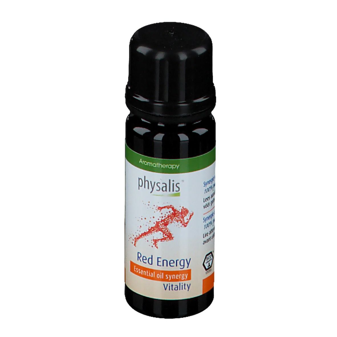 Petite bouteille noire avec étiquette verte et blanche. Inscription : physalis, Red Energy, Essential oil synergy, Vitality. Illustration d'un coureur.