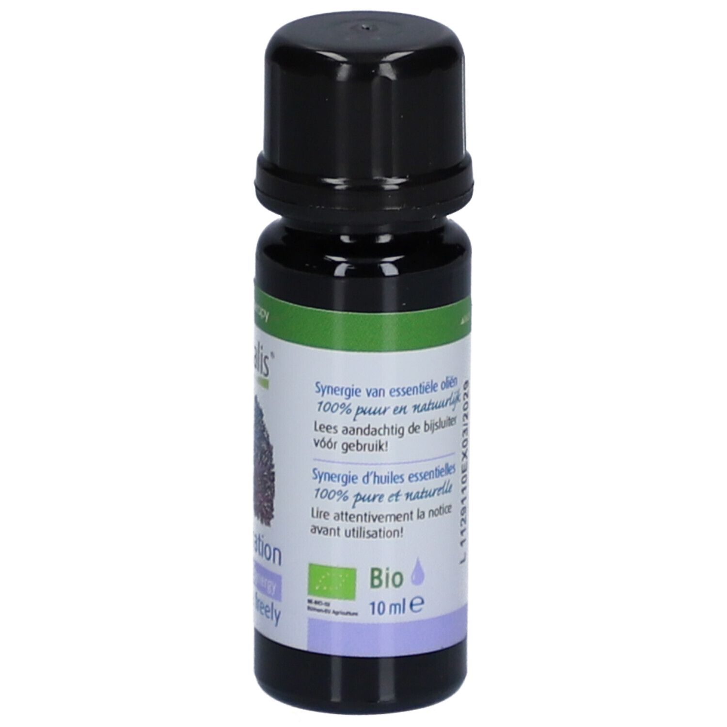 Bouteille en verre brun avec bouchon noir. Étiquette avec texte et label bio. 10 ml.