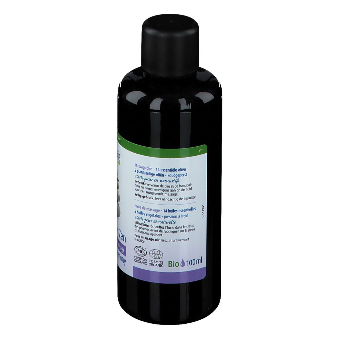 Dos du flacon. Étiquette avec texte multilingue. Certification bio. 100ml. Bouchon noir.
