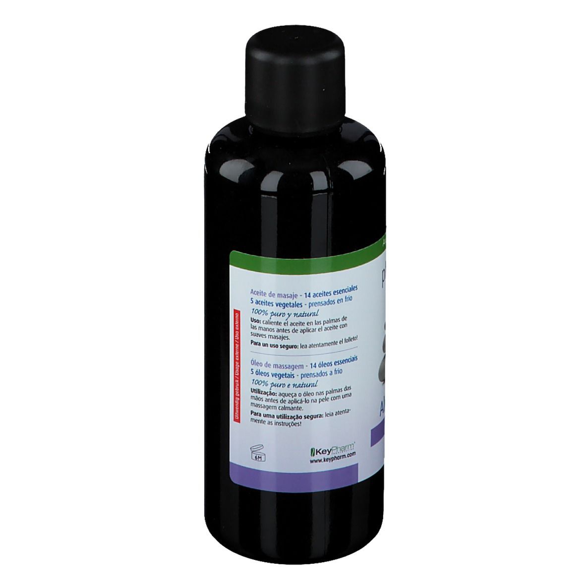 Dos du flacon. Étiquette avec texte multilingue. Bouchon noir. Certification bio.