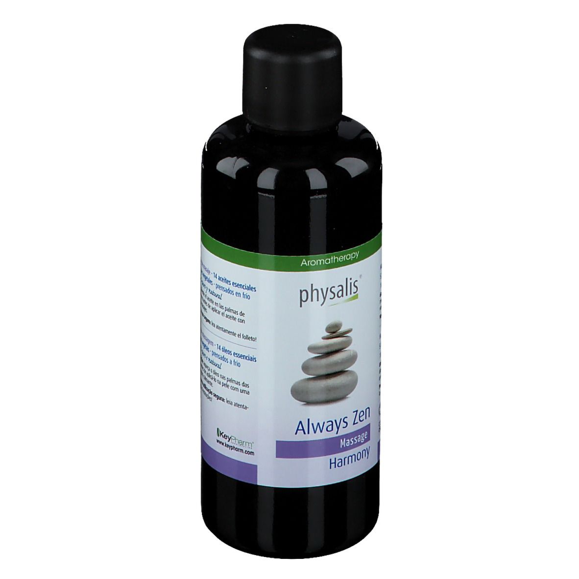 Flacon foncé avec bouchon noir. Étiquette avec texte: physalis, Always Zen Massage Harmony. Symbole de pierres.