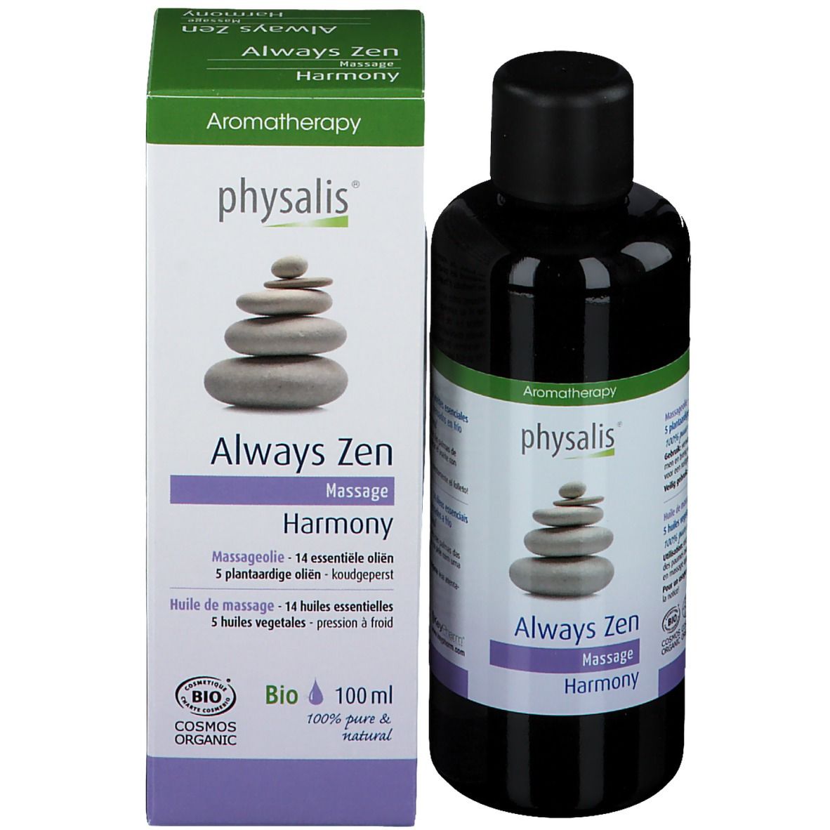 Emballage et flacon. Emballage avec texte: physalis, Always Zen Massage Harmony. Certification bio. 100ml.