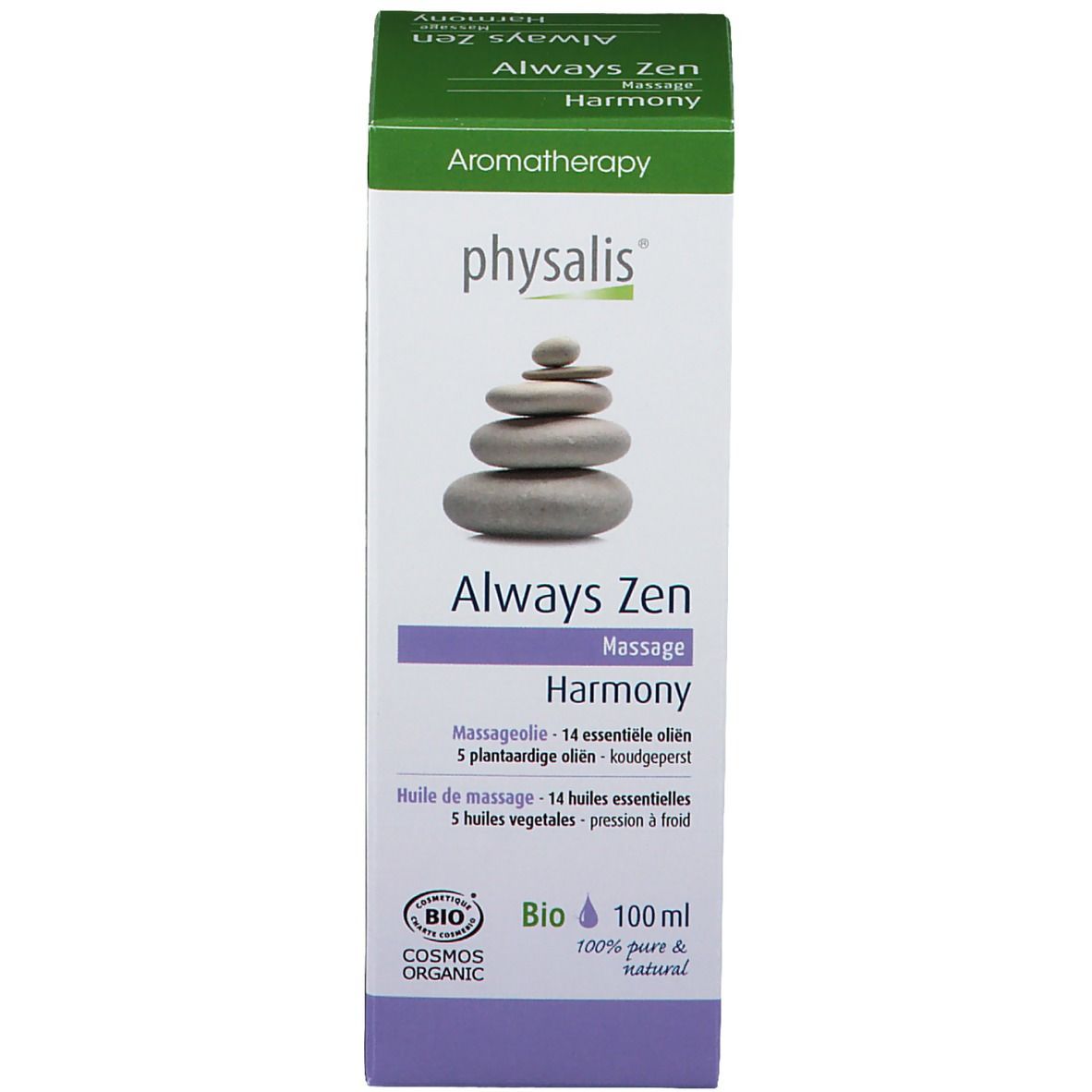 Emballage du produit. Texte: physalis, Always Zen Massage Harmony. Certification bio. 100ml. Couleurs vertes et blanches.