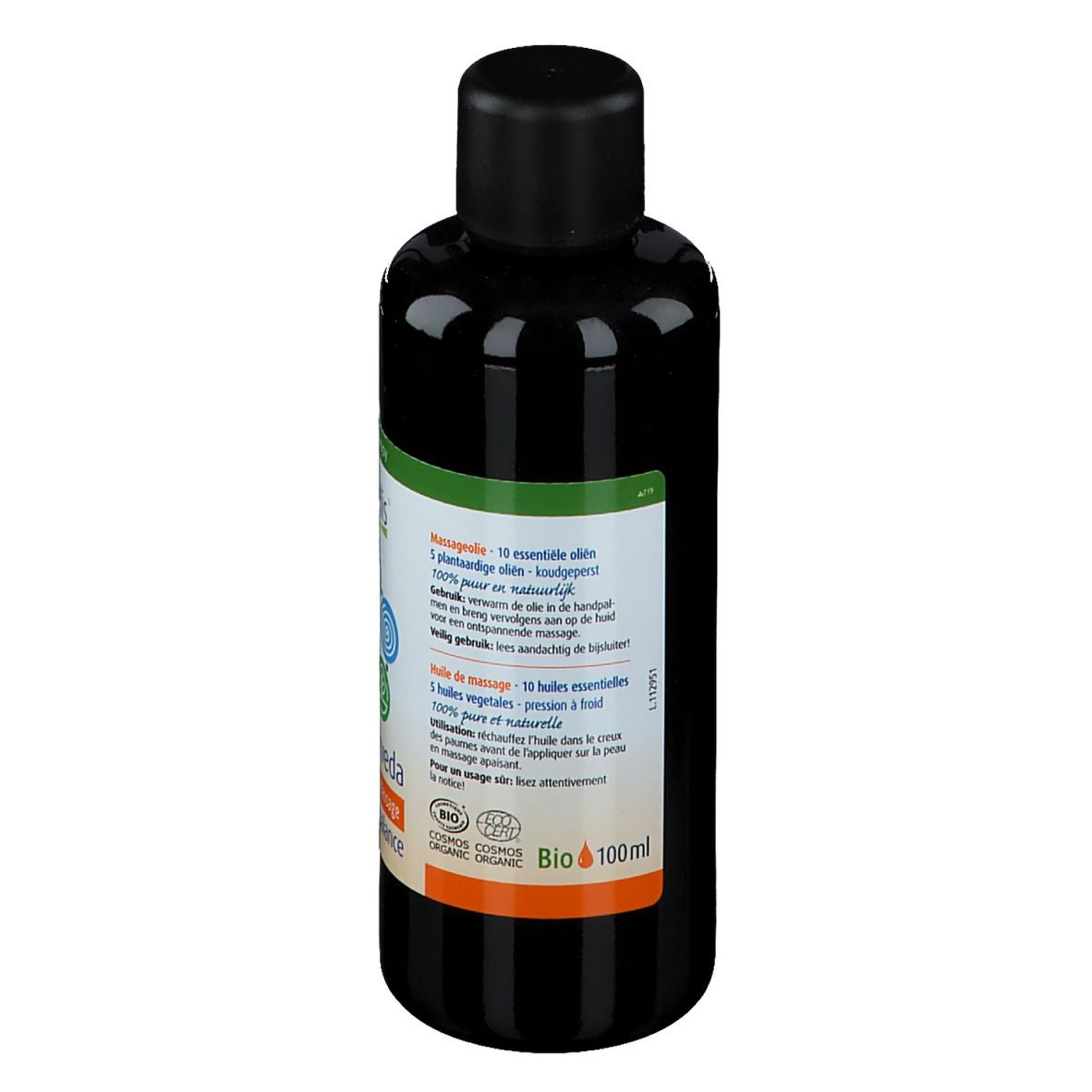 Rückseite einer braunen Flasche mit schwarzem Deckel. Aufschrift: physalis Ayurveda Massage. Bio-Zertifizierung.