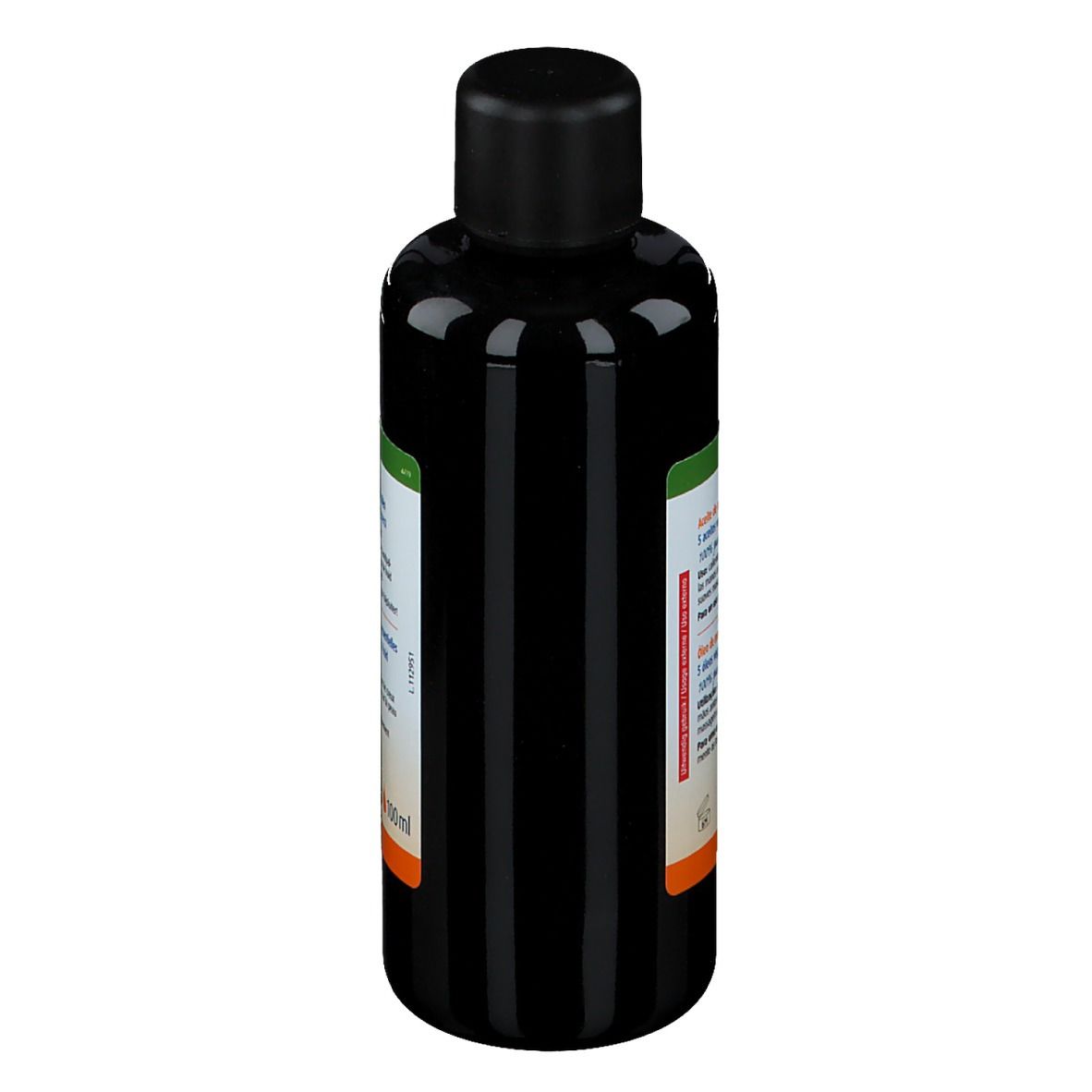 Rückseite einer braunen Flasche mit schwarzem Deckel. Aufschrift: physalis Ayurveda Massage. Bio-Zertifizierung.