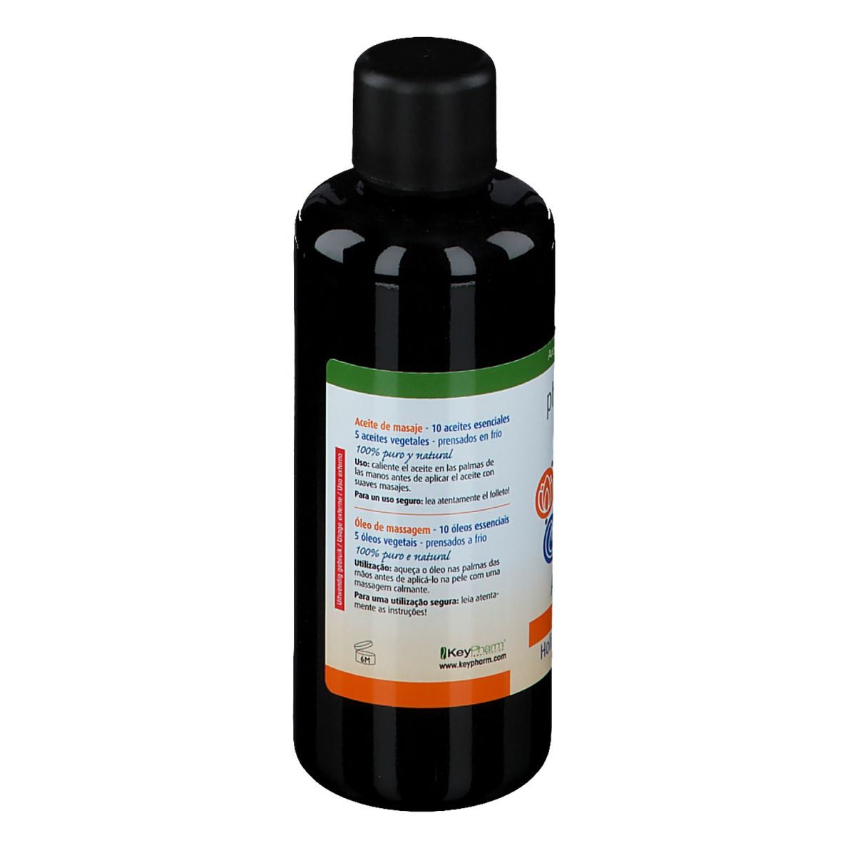 Rückseite einer braunen Flasche mit schwarzem Deckel. Aufschrift: physalis Ayurveda Massage. Bio-Zertifizierung.