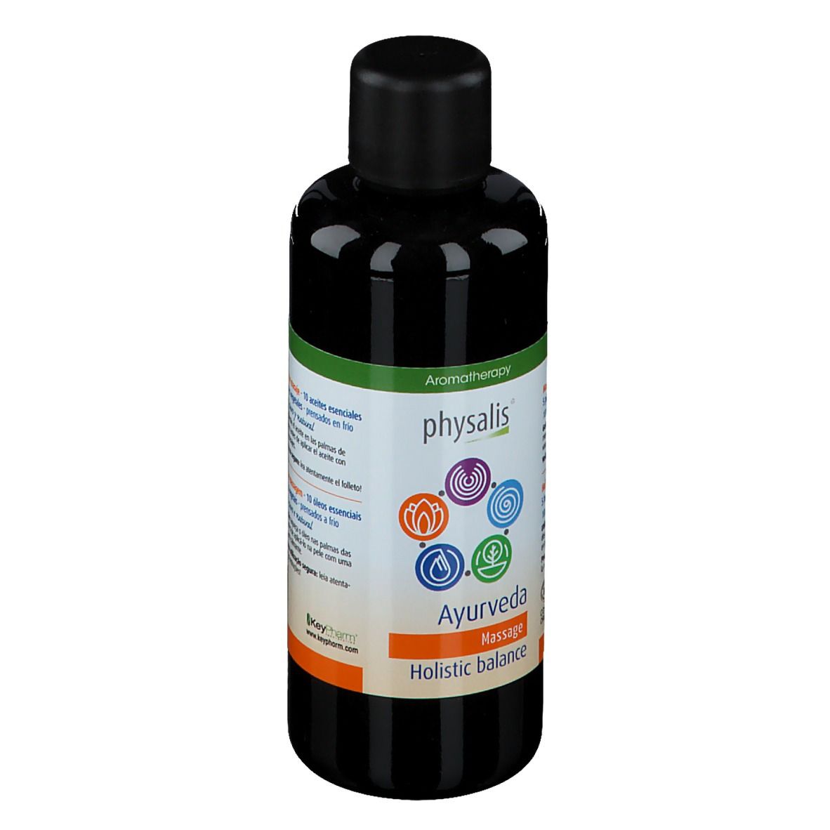 Braune Flasche mit schwarzem Deckel. Aufschrift: physalis Ayurveda Massage Holistic balance. Aromatherapie.