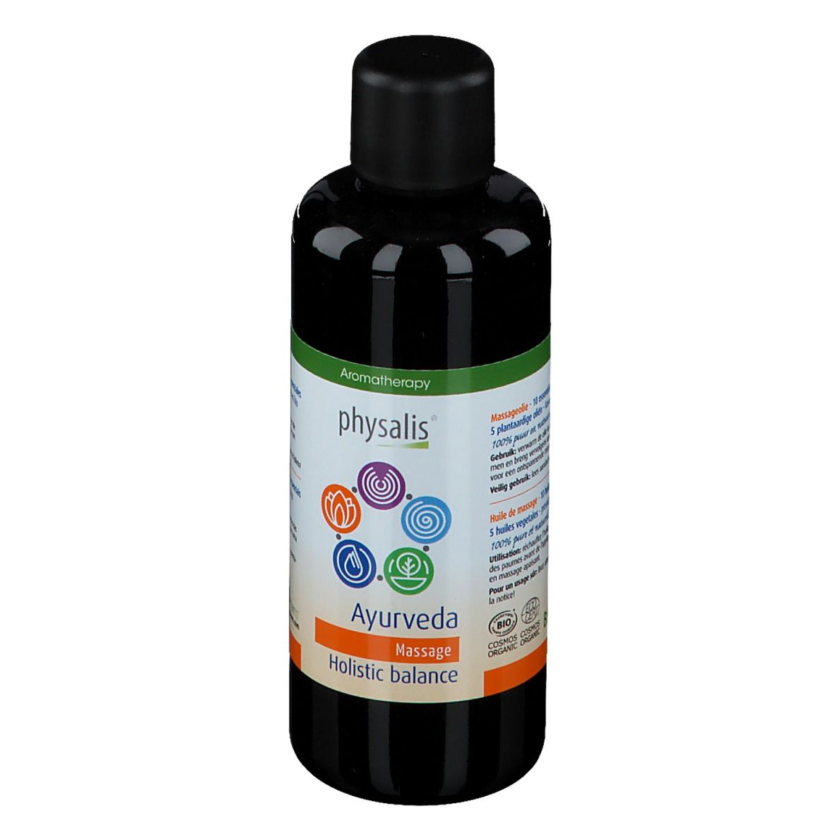 Braune Flasche mit schwarzem Deckel. Aufschrift: physalis Ayurveda Massage Holistic balance. Aromatherapie.