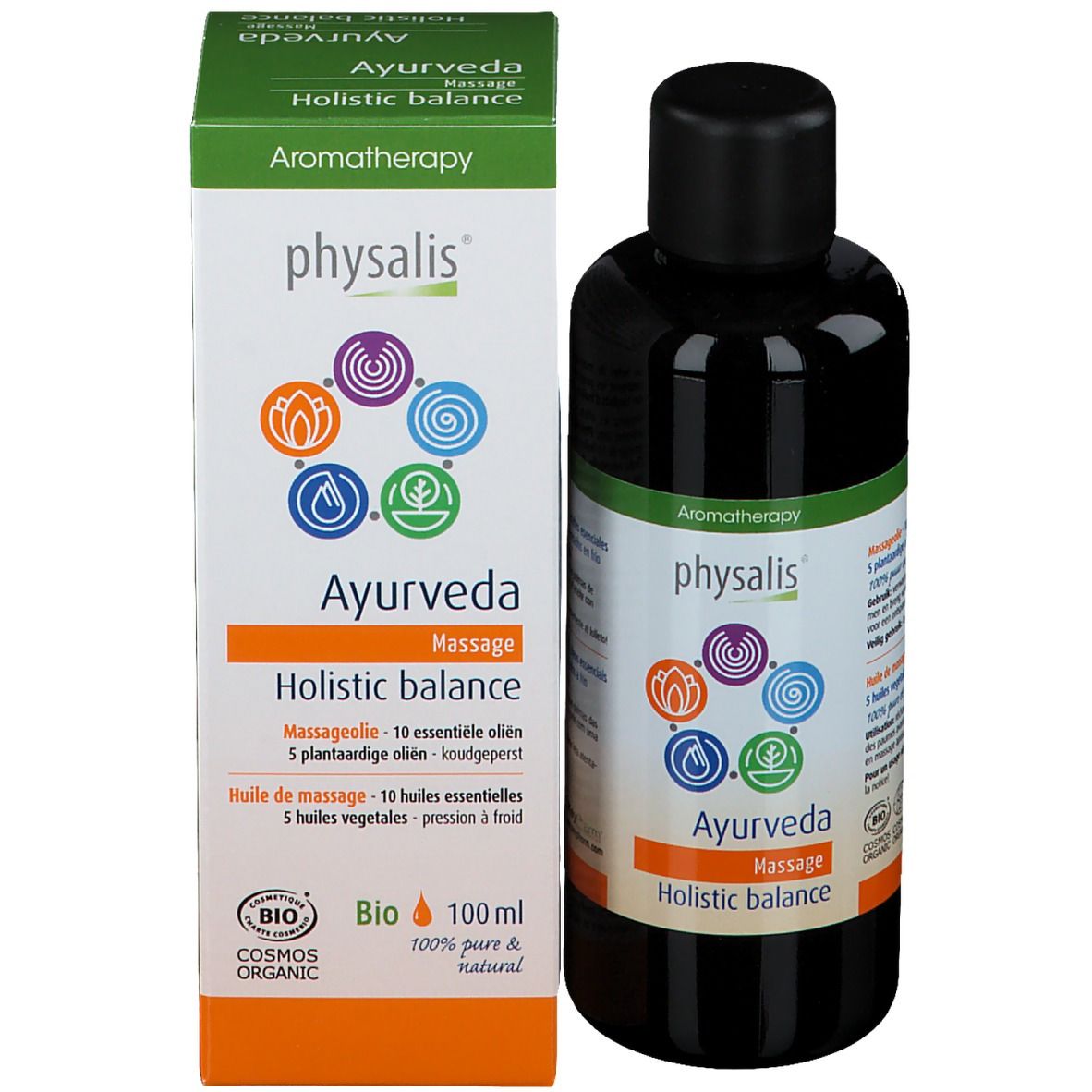 Produktverpackung mit Flasche. Aufschrift: physalis Ayurveda Massage Holistic balance. Bio-Zertifizierung. 100ml.