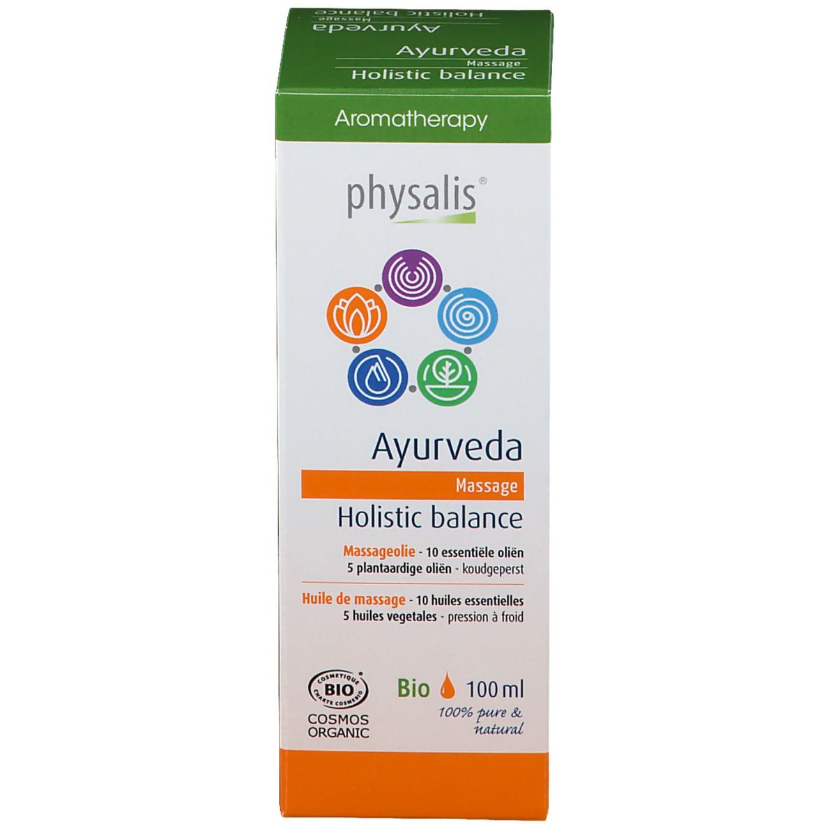 Produktverpackung. Aufschrift: physalis Ayurveda Massage Holistic balance. Bio-Zertifizierung. 100ml.