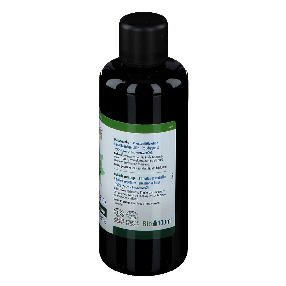 Dos d'un flacon en verre vert avec bouchon noir. Étiquette avec texte multilingue. Certification biologique.