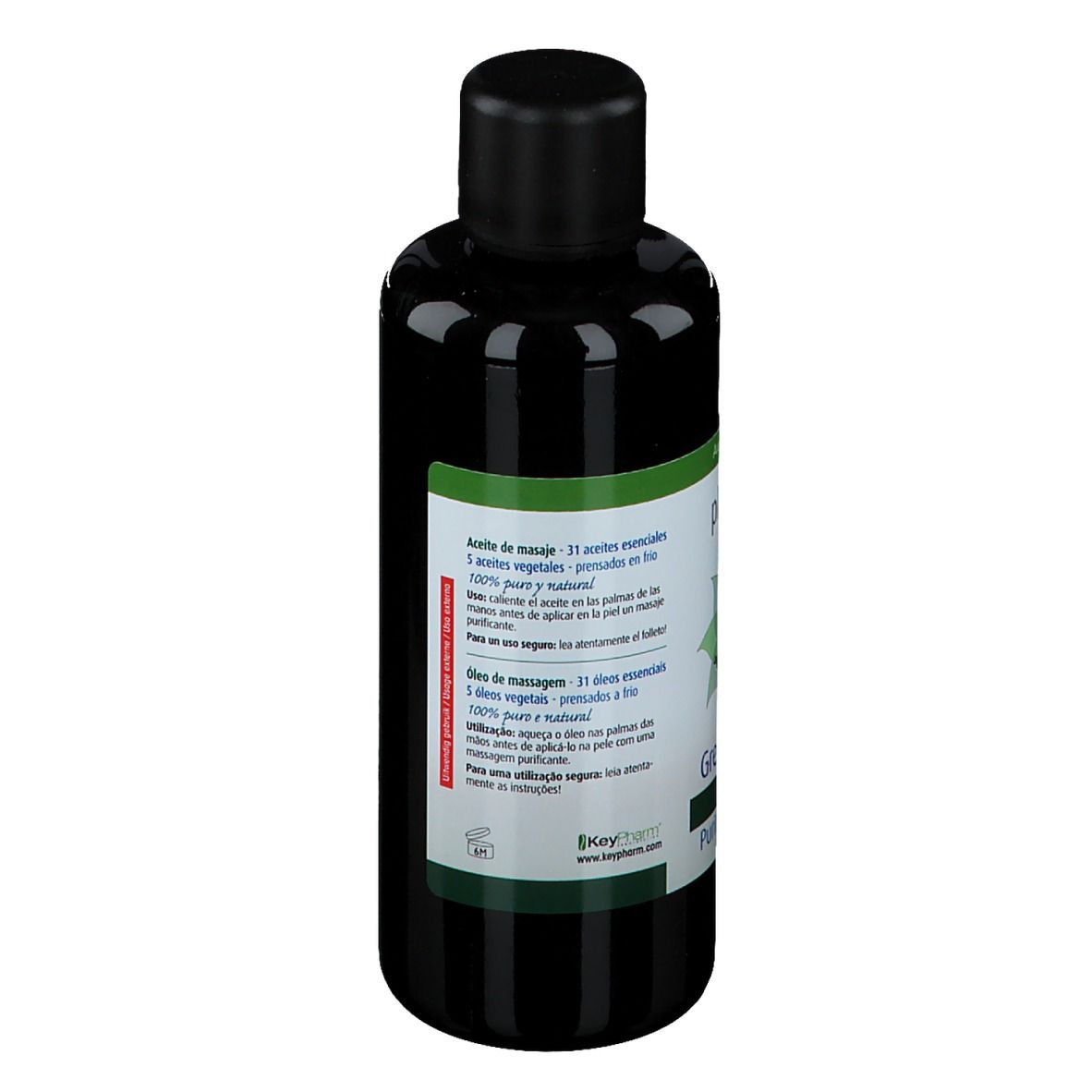 Dos d'un flacon en verre vert avec bouchon noir. Étiquette avec texte multilingue. Certification biologique.