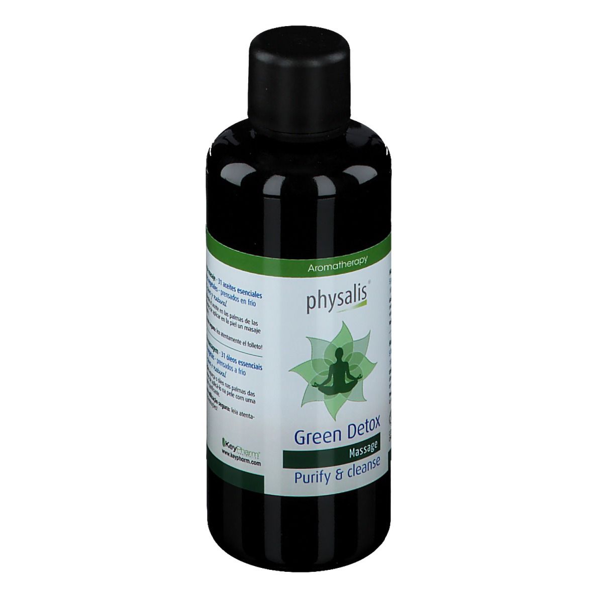Flacon en verre vert avec bouchon noir. Étiquette avec nom du produit, logo et texte. Produit d'aromathérapie.