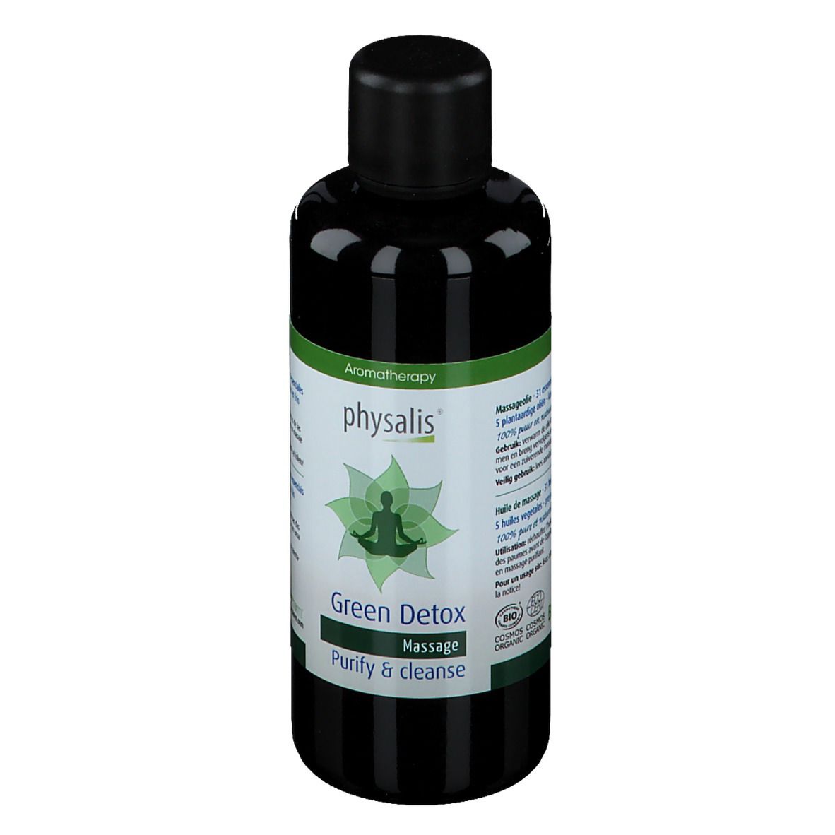 Flacon en verre vert avec bouchon noir. Étiquette avec nom du produit, logo et texte. Produit d'aromathérapie.