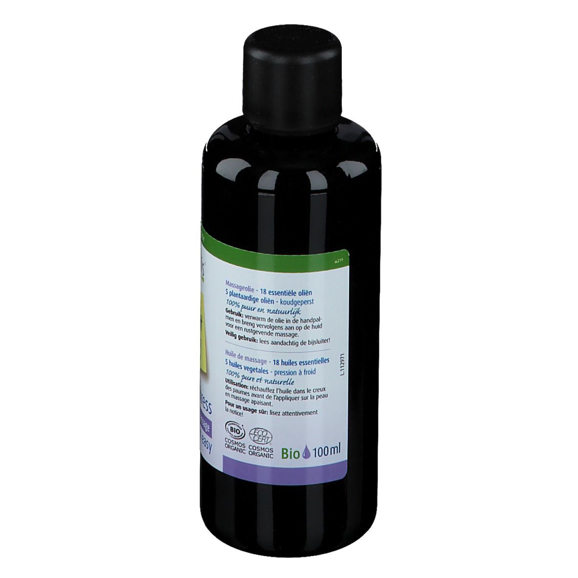 Dos du flacon. Étiquette avec ingrédients et certification bio. 100ml. Flacon noir avec bouchon noir.