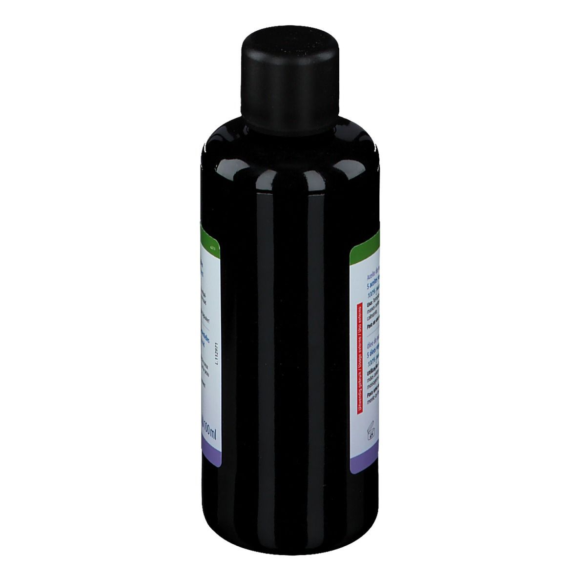 Flacon foncé avec bouchon noir. Étiquette avec ingrédients et certification bio. 100ml. Vue arrière.