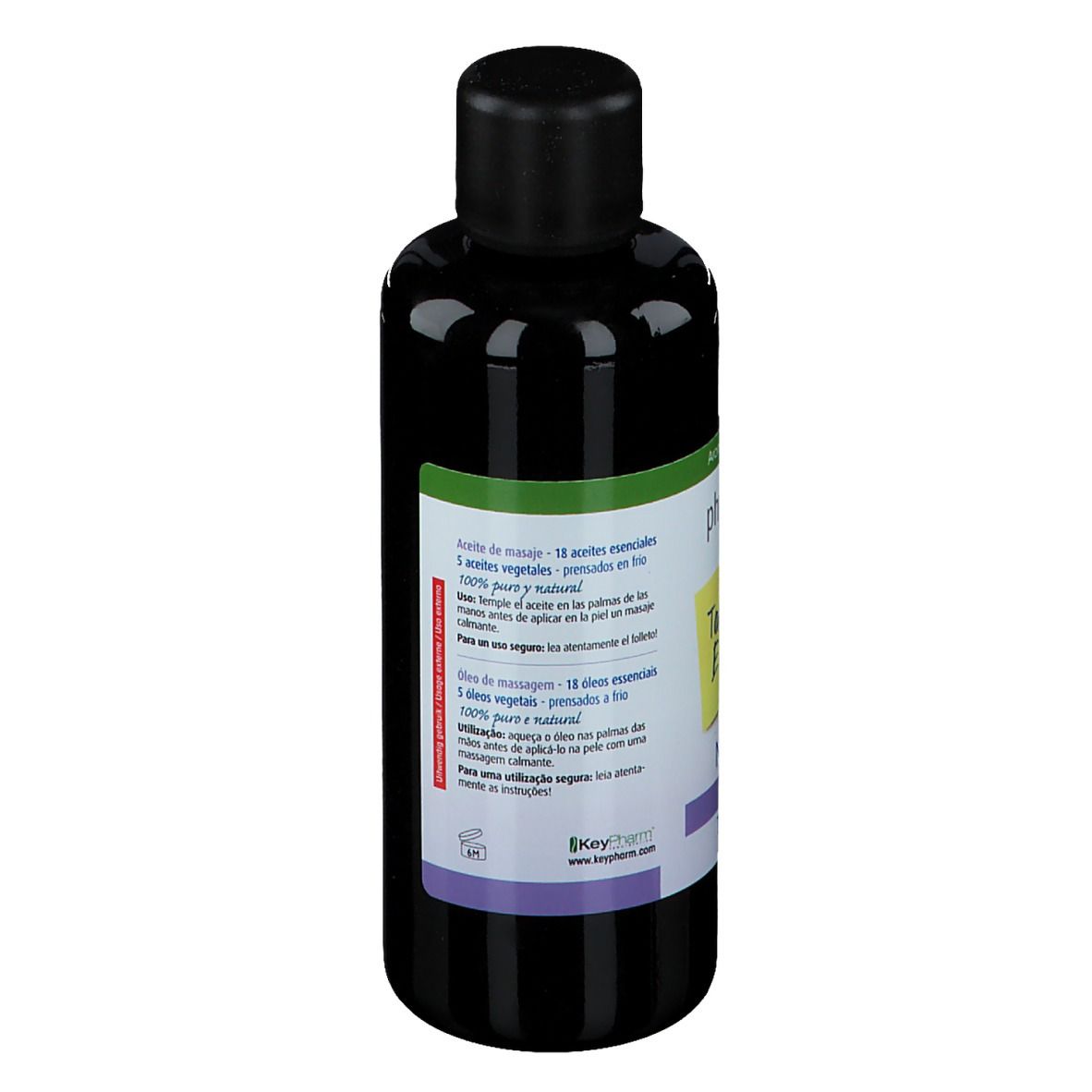 Flacon foncé avec bouchon noir. Étiquette avec ingrédients et certification bio. 100ml. Vue arrière.