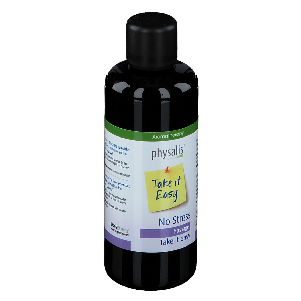 Flacon foncé avec bouchon noir. Étiquette "physalis", "Take it Easy" et "No Stress Massage".