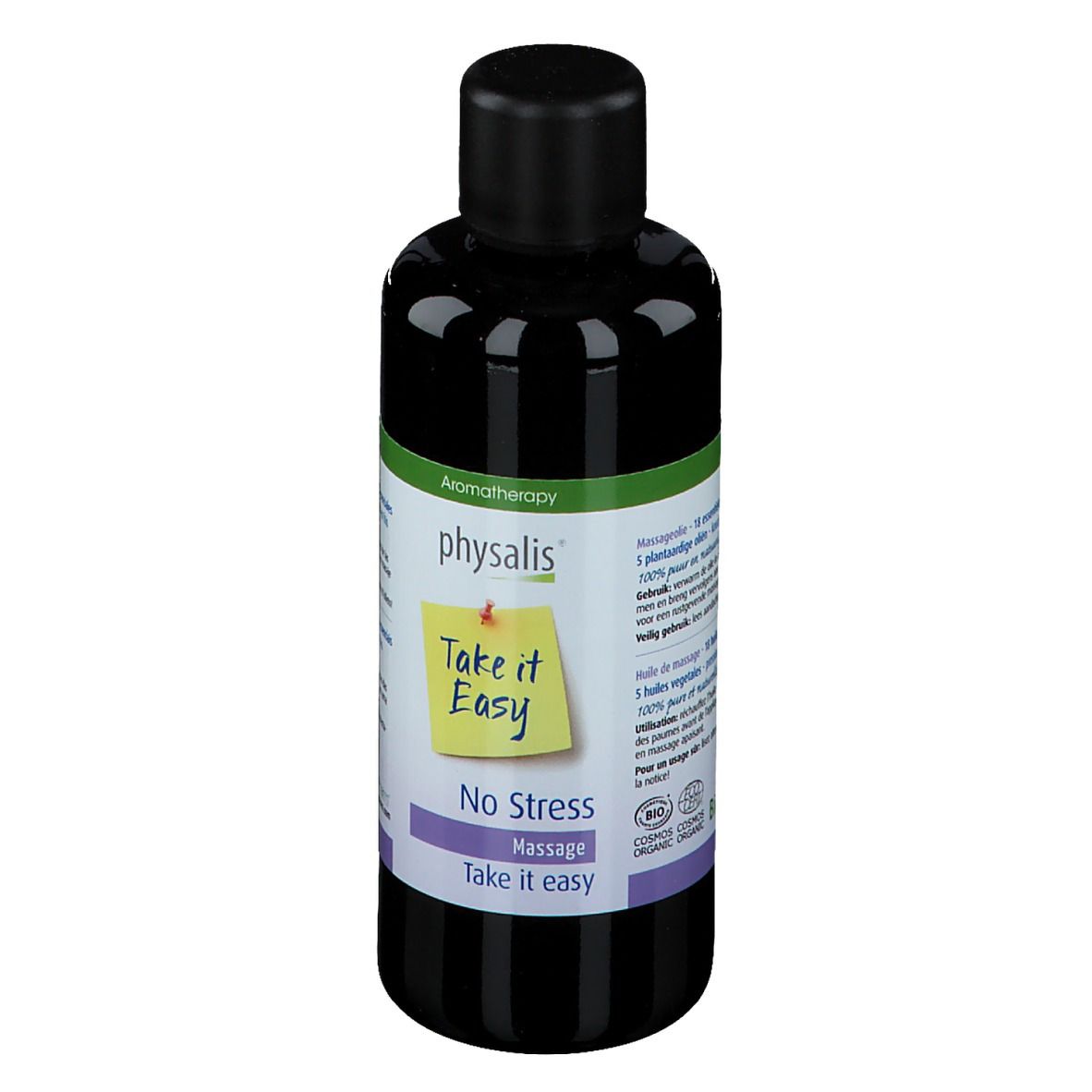 Flacon foncé avec bouchon noir. Étiquette "physalis", "Take it Easy" et "No Stress Massage".