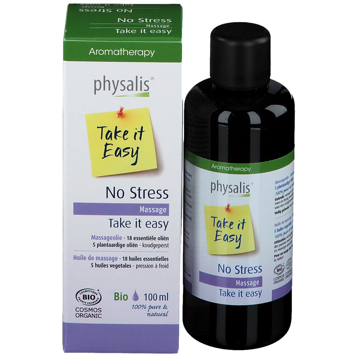 Emballage du produit avec flacon et boîte. Flacon : "physalis", "Take it Easy". Boîte : "Bio", 100ml.