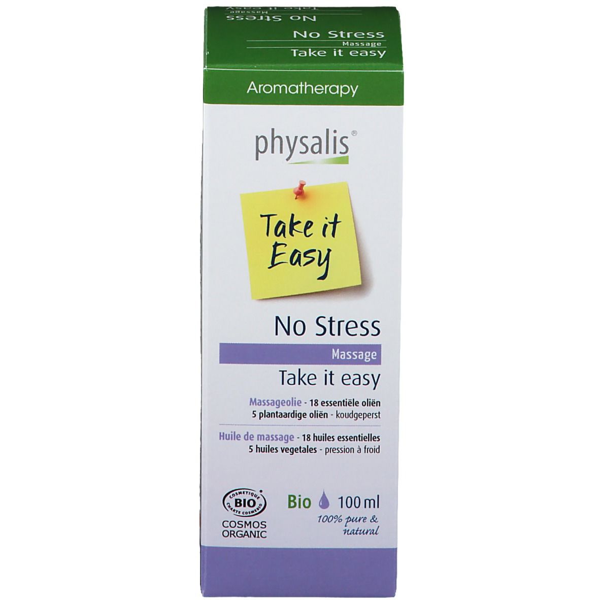 Emballage du produit. Boîte avec "physalis", "Take it Easy", "Bio" et 100ml. Huile de massage.
