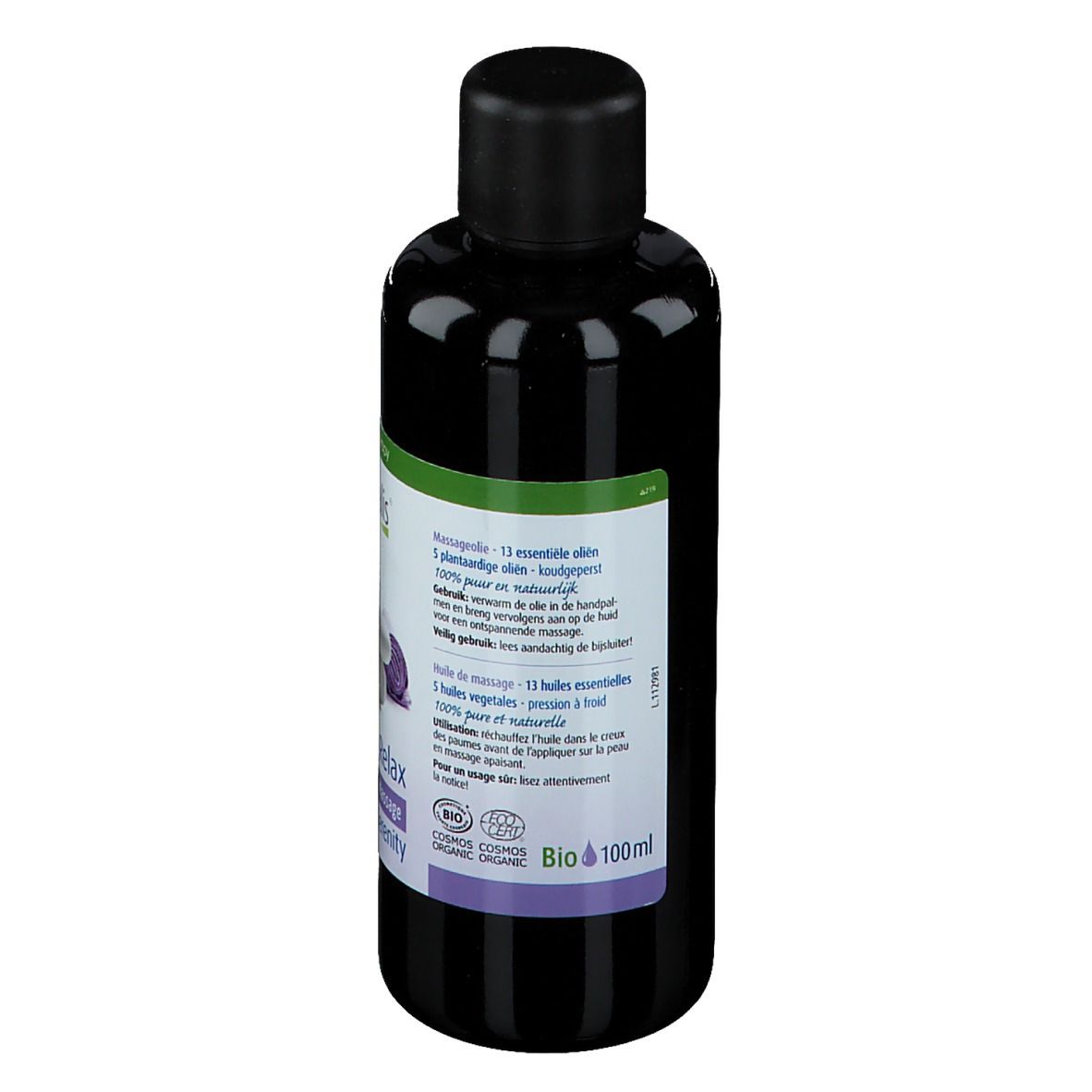 Flacon foncé avec bouchon noir. Étiquette avec texte et logo. Certification bio.