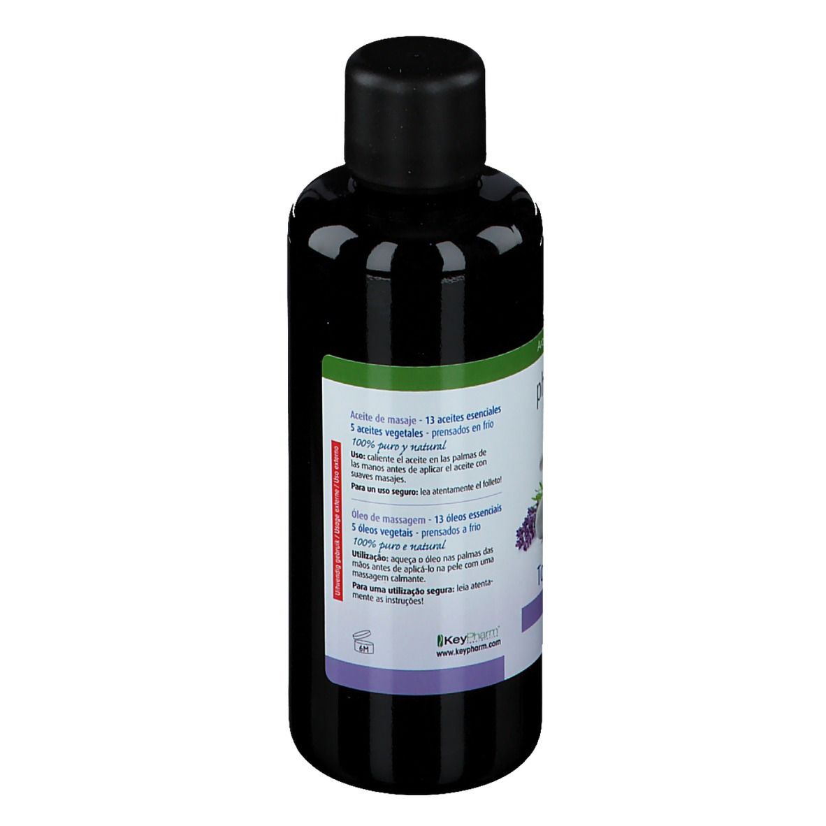 Flacon foncé avec bouchon noir. Étiquette avec texte. Certification bio.