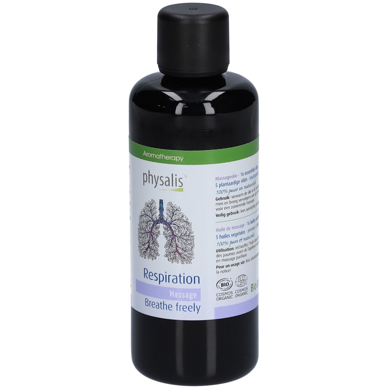 Flacon noir avec bouchon noir. Étiquette avec logo, texte et illustration de poumons. "Respiration Massage Breathe freely".