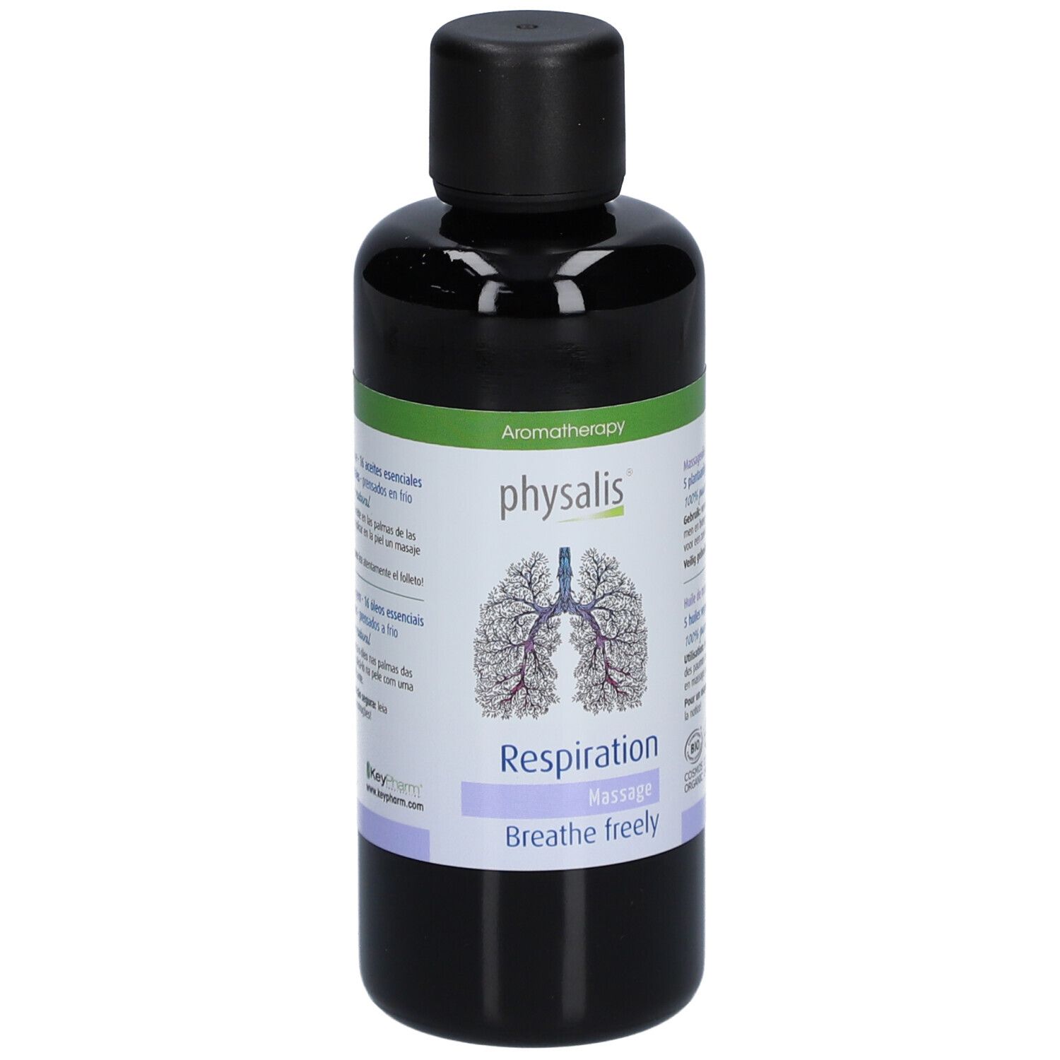 Flacon noir avec bouchon noir. Étiquette avec logo, texte et illustration de poumons. "Respiration Massage Breathe freely".