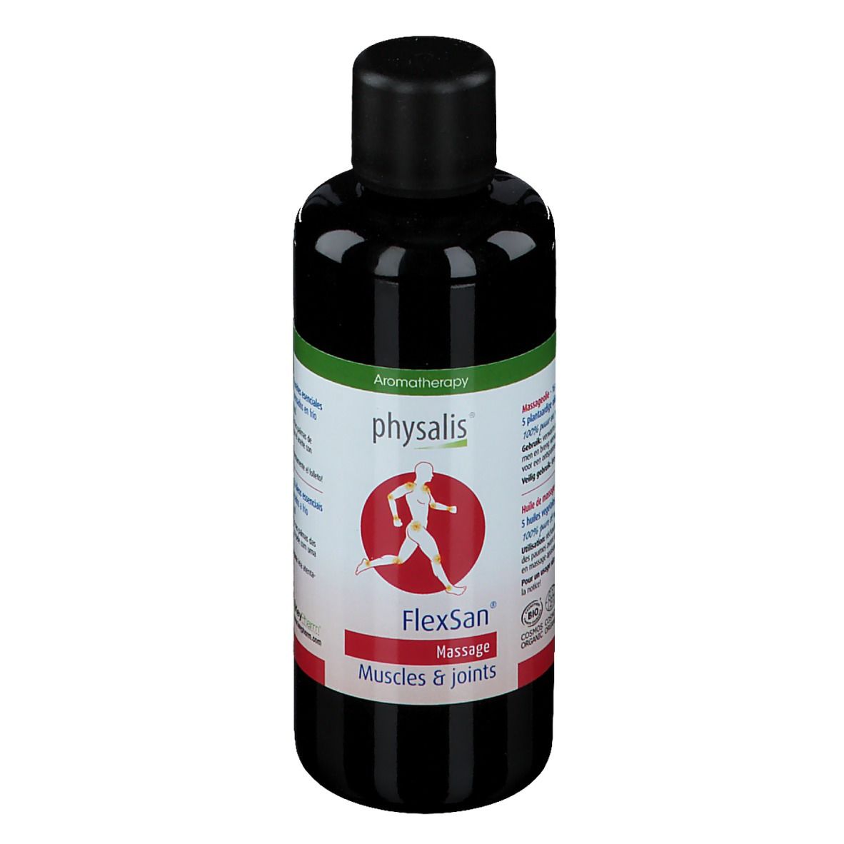 Dunkle Flasche mit schwarzem Deckel. Etikett mit Logo und Produktbezeichnung FlexSan Massage. Für Muskeln & Gelenke.
