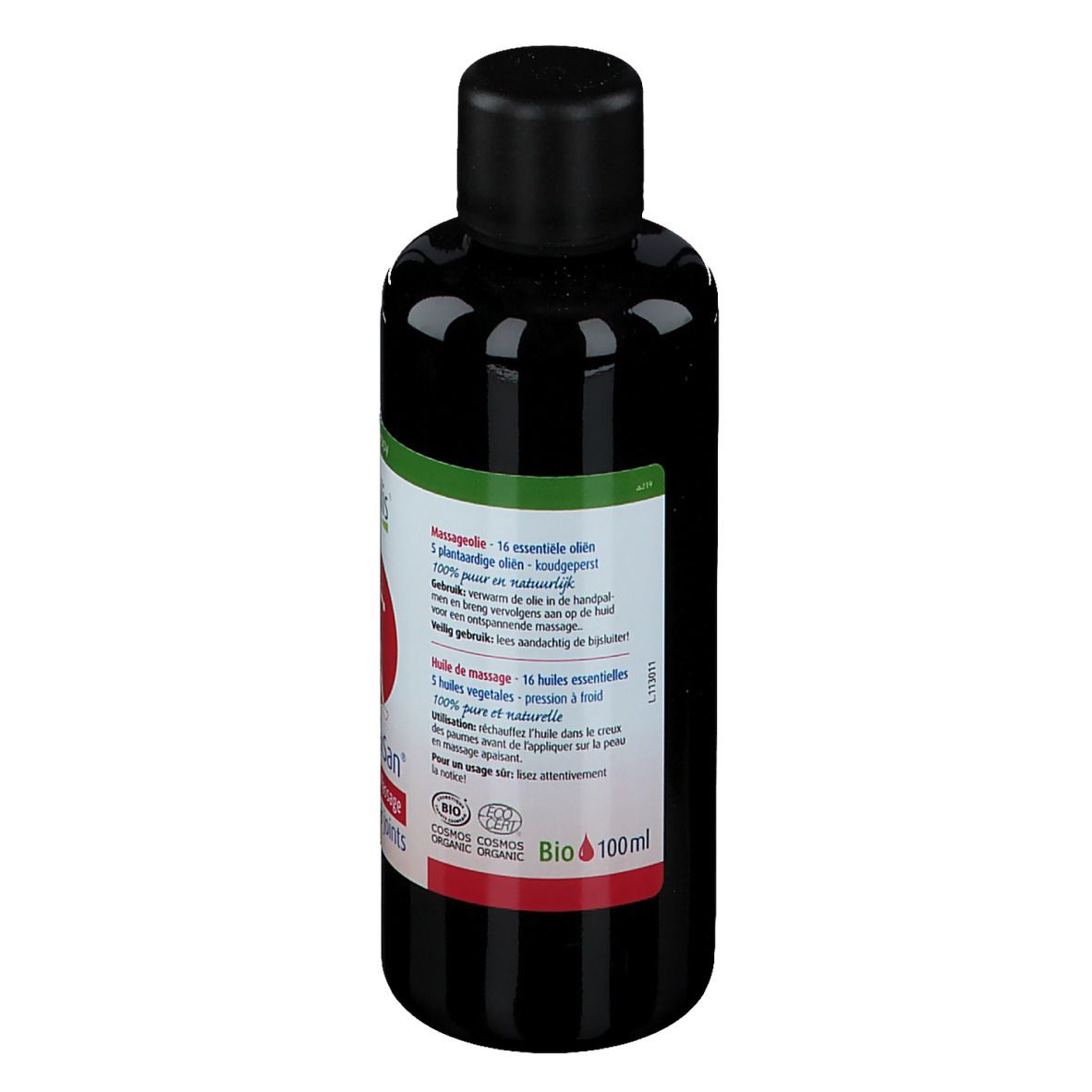 Rückseite der Flasche. Text mit Inhaltsstoffen und Zertifizierungen. 100ml. Bio-Siegel.