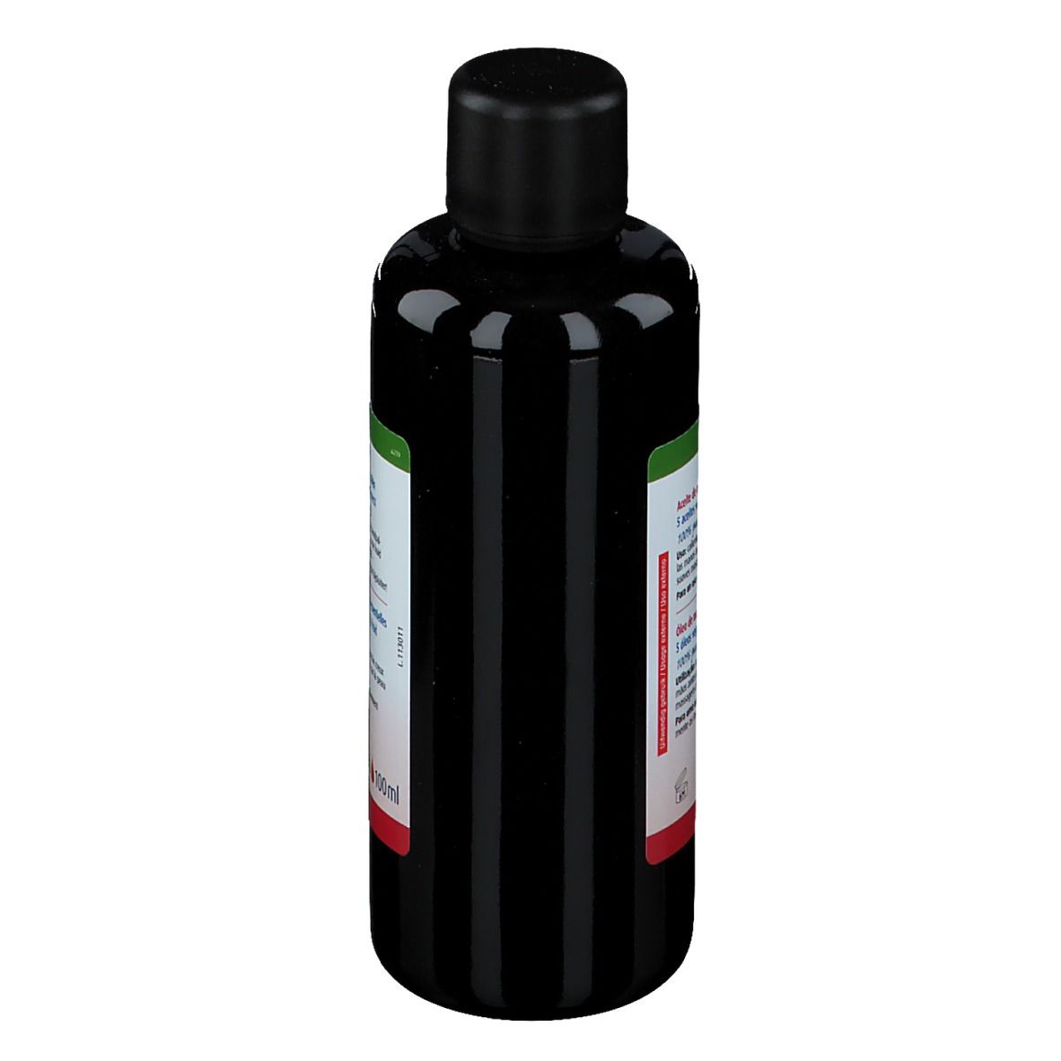 Dunkle Flasche mit schwarzem Deckel. Rückseite mit Text und Etikett. 100ml.