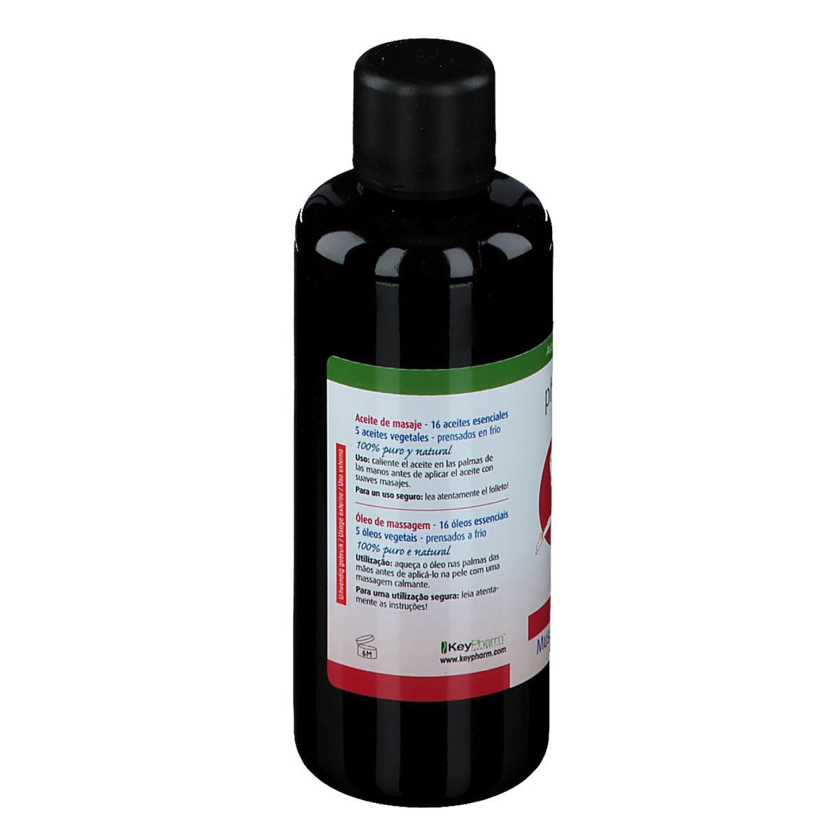 Rückseite der Flasche. Text mit Inhaltsstoffen und Zertifizierungen. Bio-Siegel.