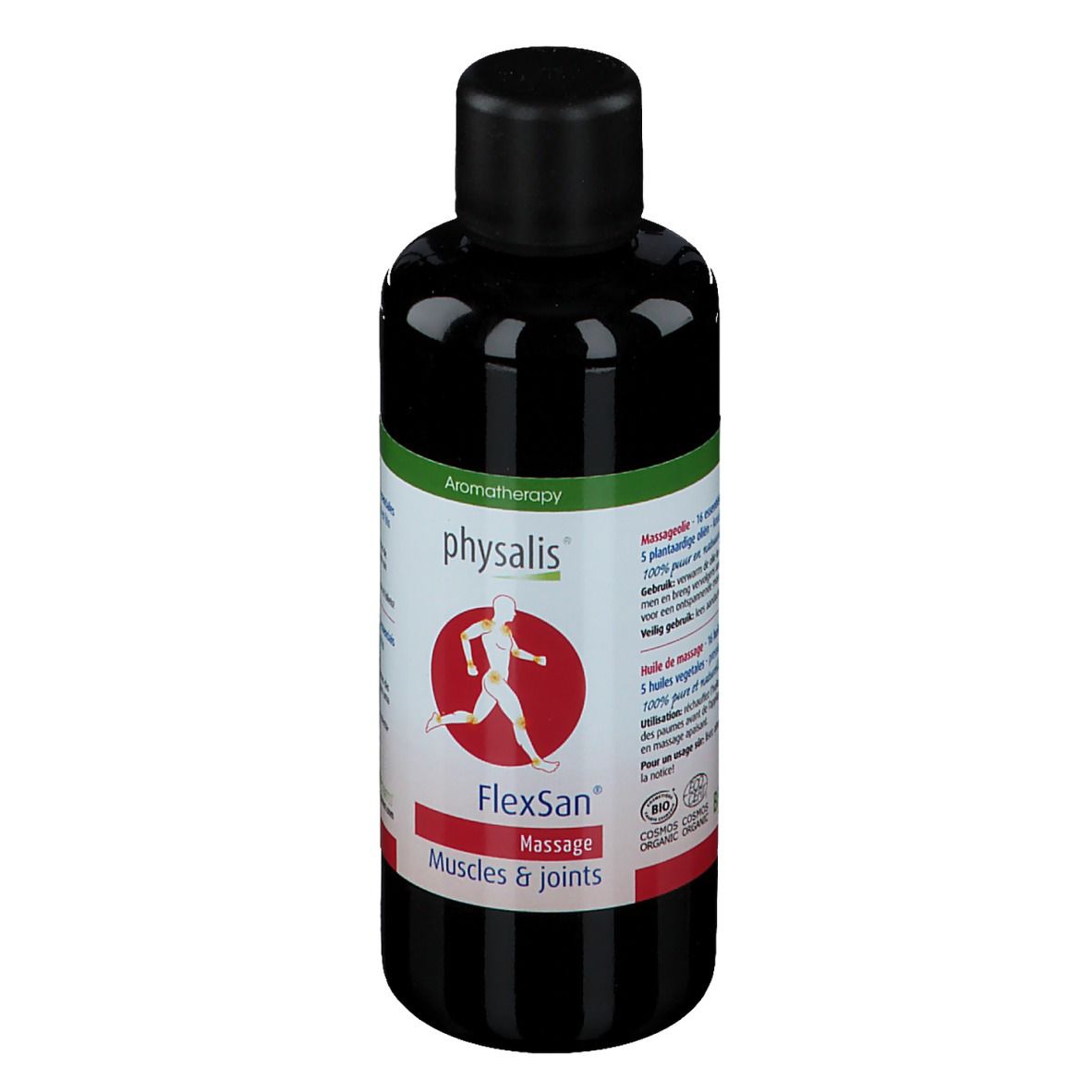 Dunkle Flasche mit schwarzem Deckel. Etikett mit Logo und Produktbezeichnung FlexSan Massage. Für Muskeln & Gelenke.