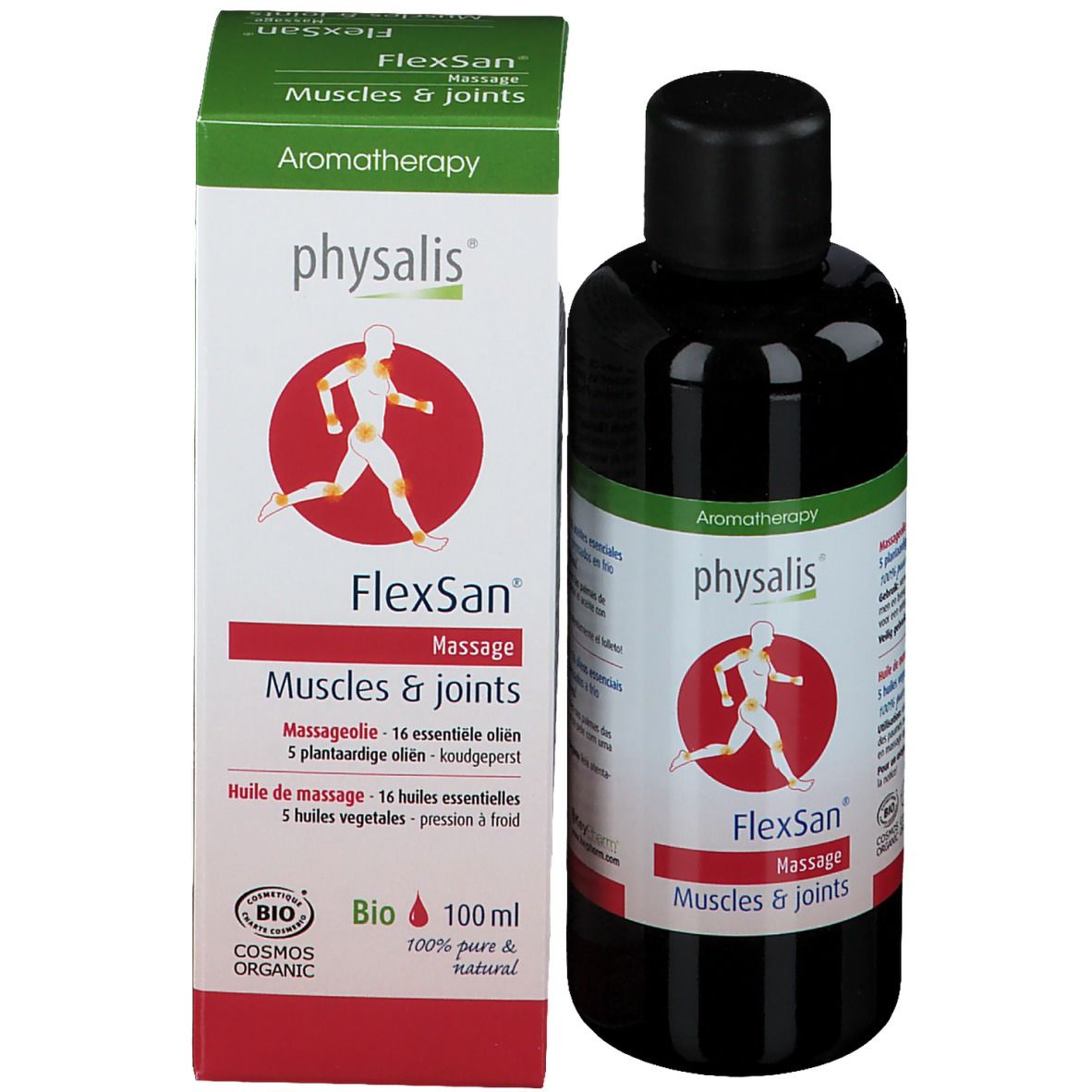 Flasche und Verpackung. Produktname FlexSan Massage. Für Muskeln & Gelenke. 100ml. Bio-Siegel.