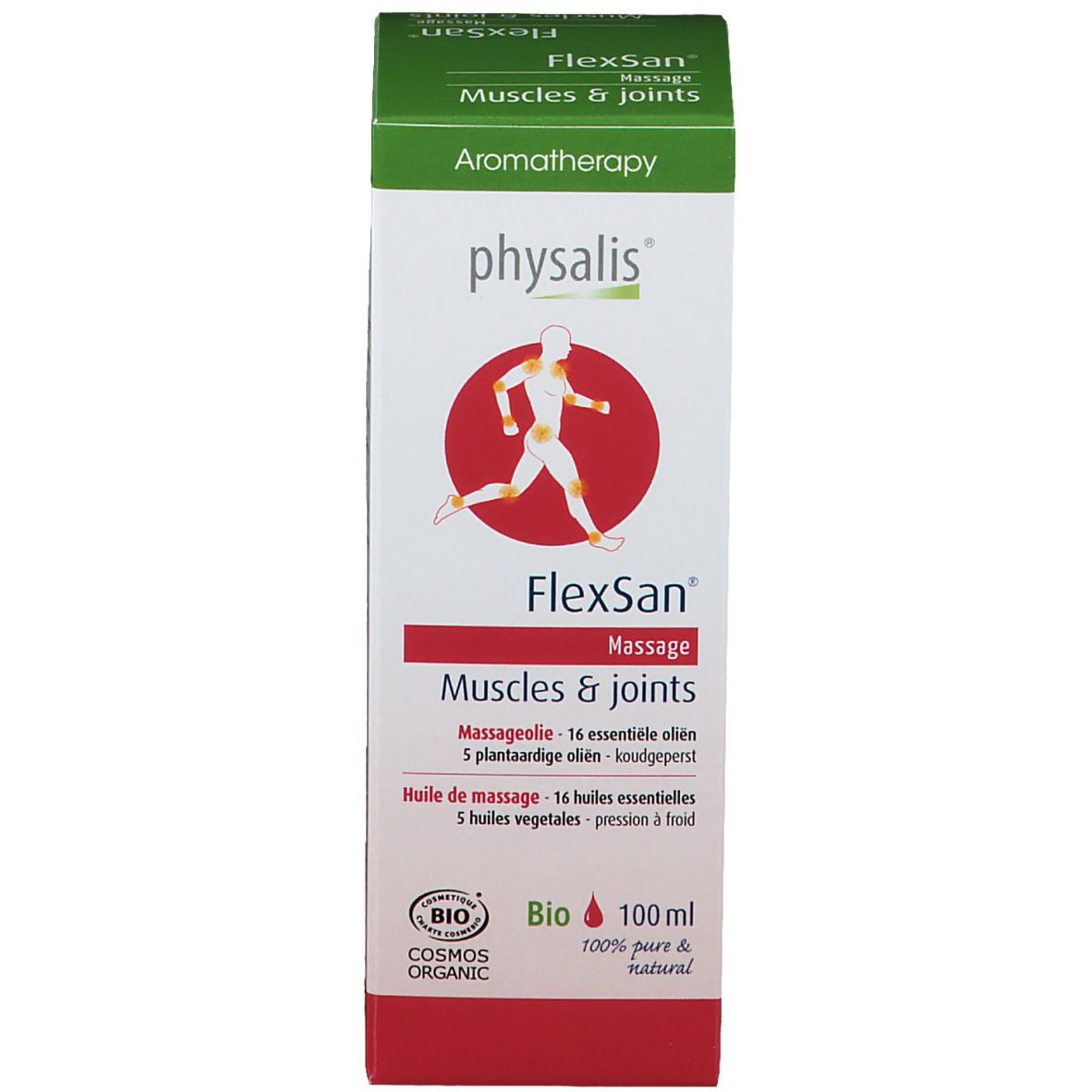 Verpackung. Produktname FlexSan Massage. Für Muskeln & Gelenke. 100ml. Bio-Siegel.