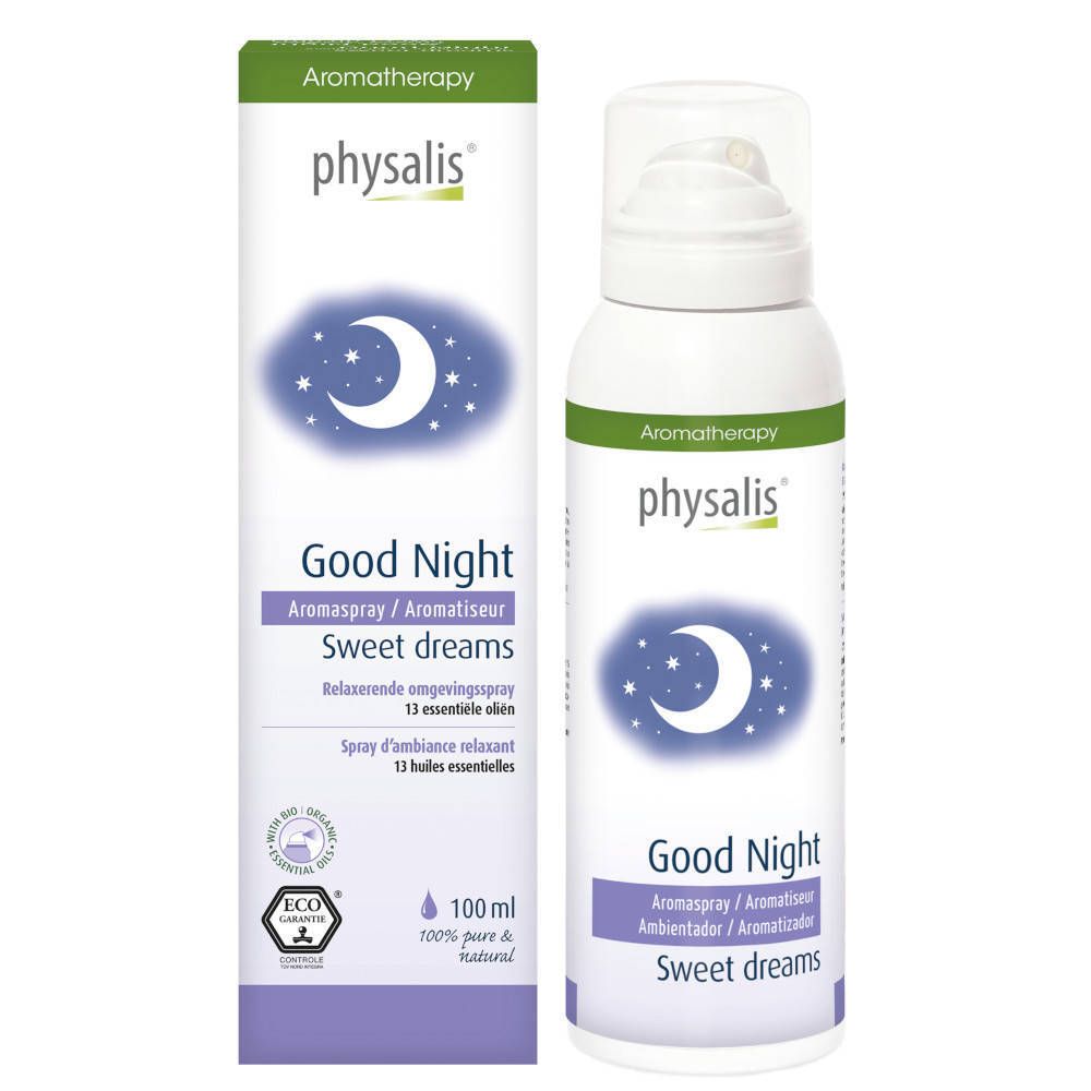 Weißes Raumspray mit Sprühkopf und Karton. Aufdruck: physalis, Good Night, Mond- und Sternenmotiv, 13 ätherische Öle.