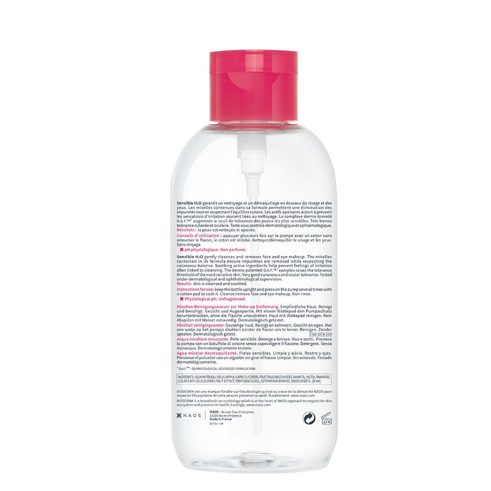 Rückseite der Flasche. Text in mehreren Sprachen. BIODERMA, Sensibio H2O. Mizellenreinigungswasser. Für empfindliche Haut.