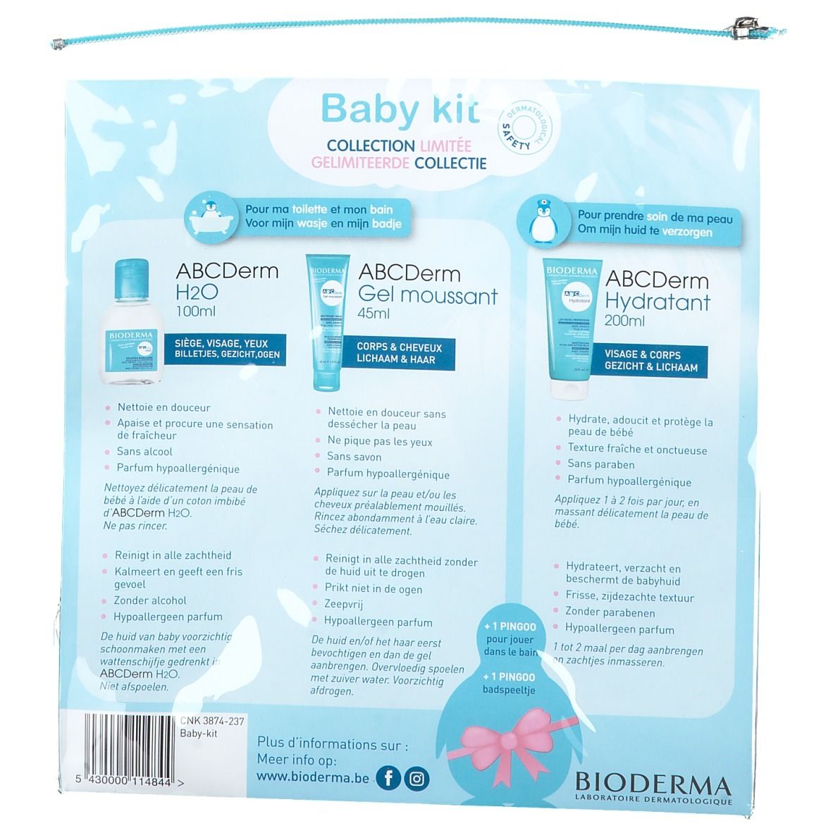 Coffret bébé avec trois produits. Contient ABCDerm H2O, Gel moussant et Hydratant. Emballage avec noms et logo.