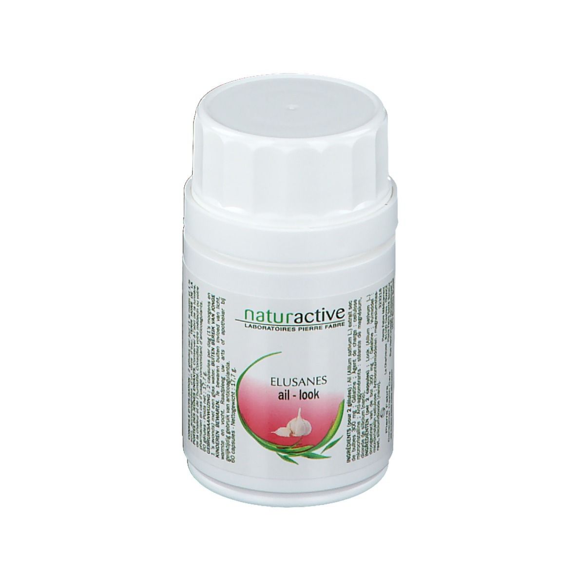 Witte fles met schroefdop. Opschrift: Naturactive, Elusanes ail-look. Afbeelding van een teentje knoflook.