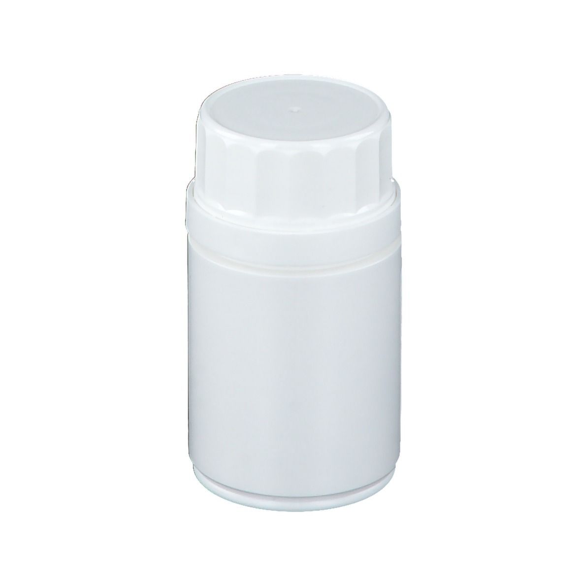 Witte, cilindrische fles met geribbelde deksel. Geen verdere details of opschriften zichtbaar.