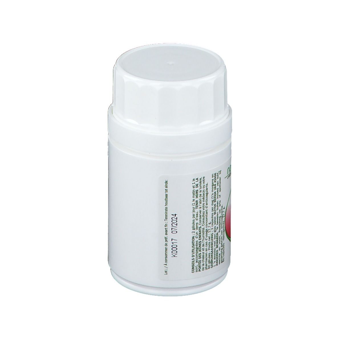 Witte fles met schroefdop. Opschrift: Naturactive, Elusanes ail-look. Afbeelding van een teentje knoflook.
