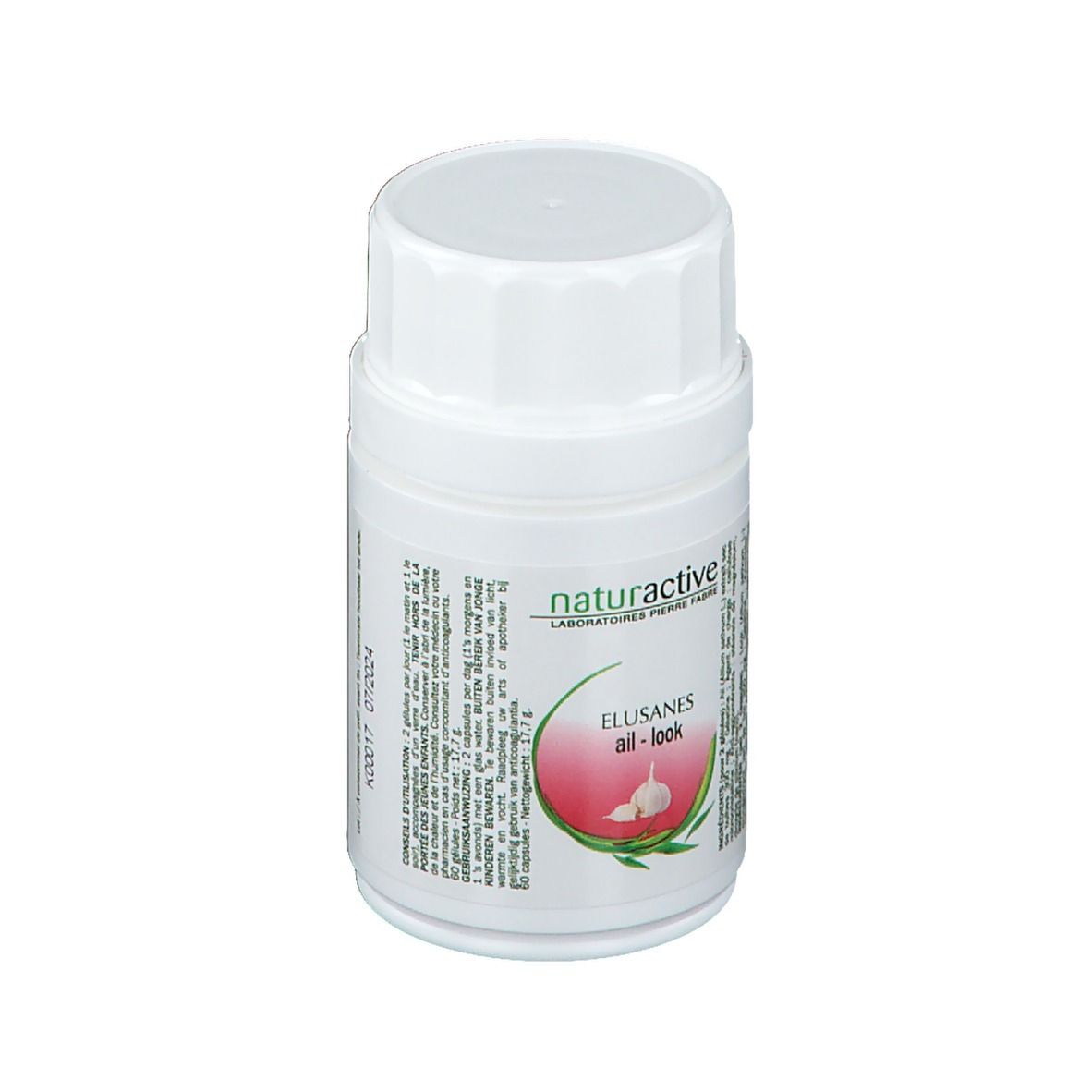 Witte fles met schroefdop. Opschrift: Naturactive, Elusanes ail-look. Afbeelding van een teentje knoflook.
