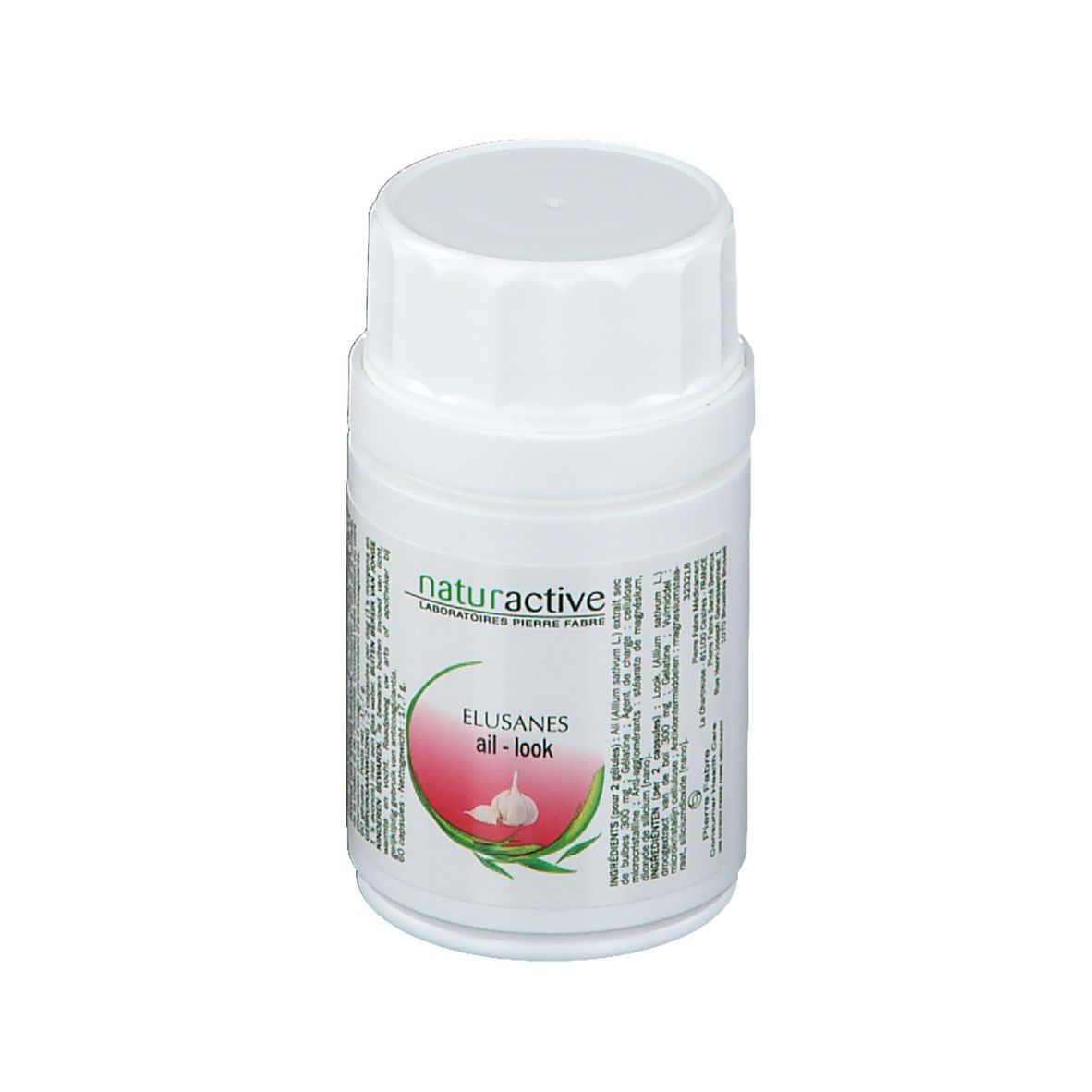 Witte fles met schroefdop. Opschrift: Naturactive, Elusanes ail-look. Afbeelding van een teentje knoflook.