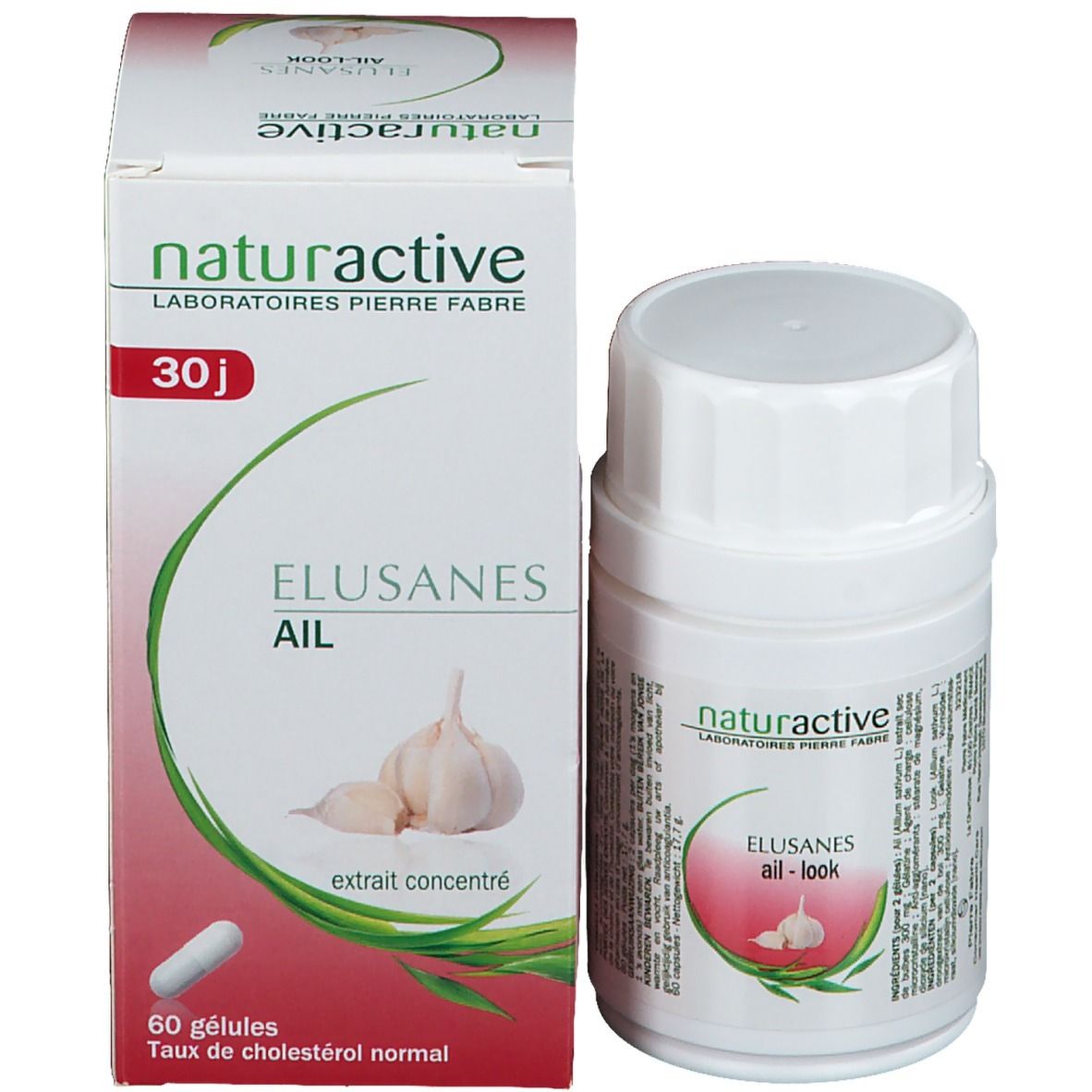 Productverpakking met fles en doos. Opschrift: Naturactive, Elusanes Ail. Afbeelding van knoflook. 60 capsules.