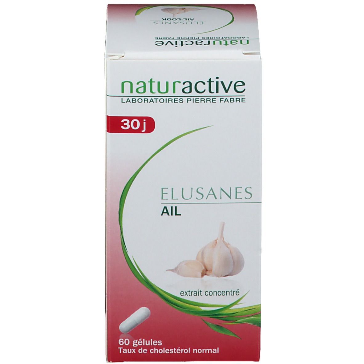 Productverpakking, doos. Opschrift: Naturactive, Elusanes Ail. Afbeelding van knoflook. 60 capsules.